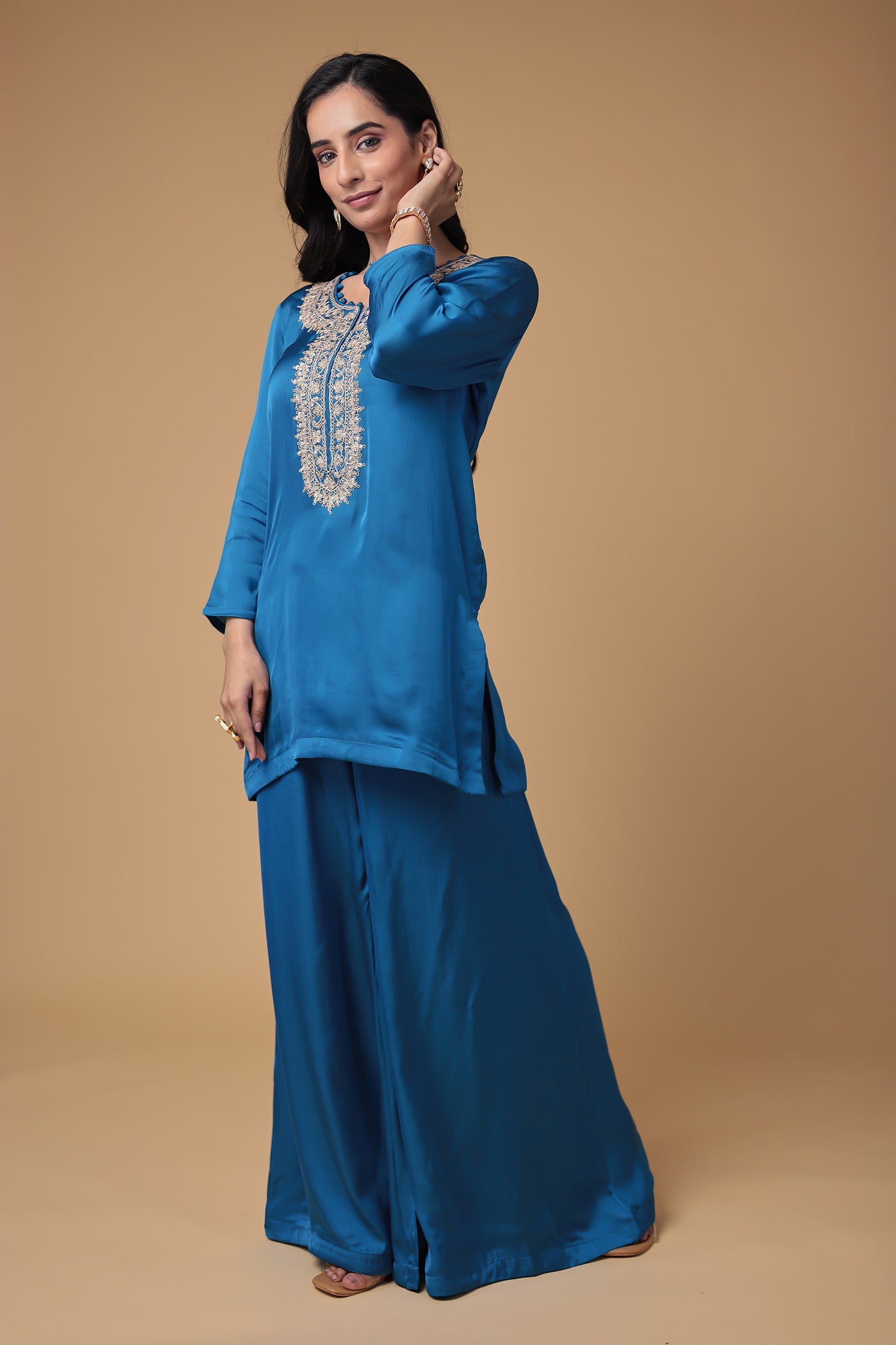 Satin Silk Indowestern with Dori and Sequins work