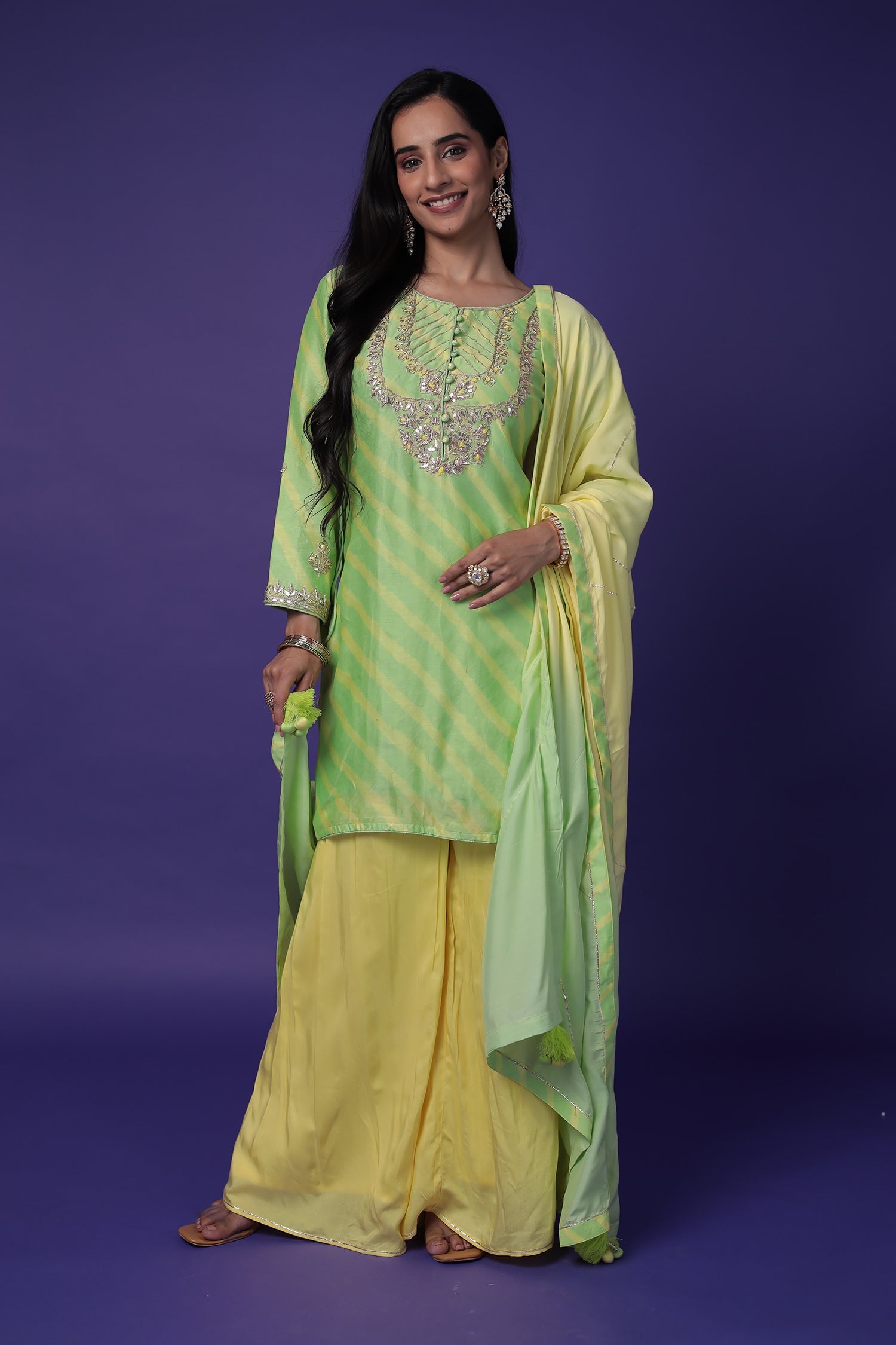 Leheriya Chanderi Silk Suit with Dori, Gota Patti and Zardozi work