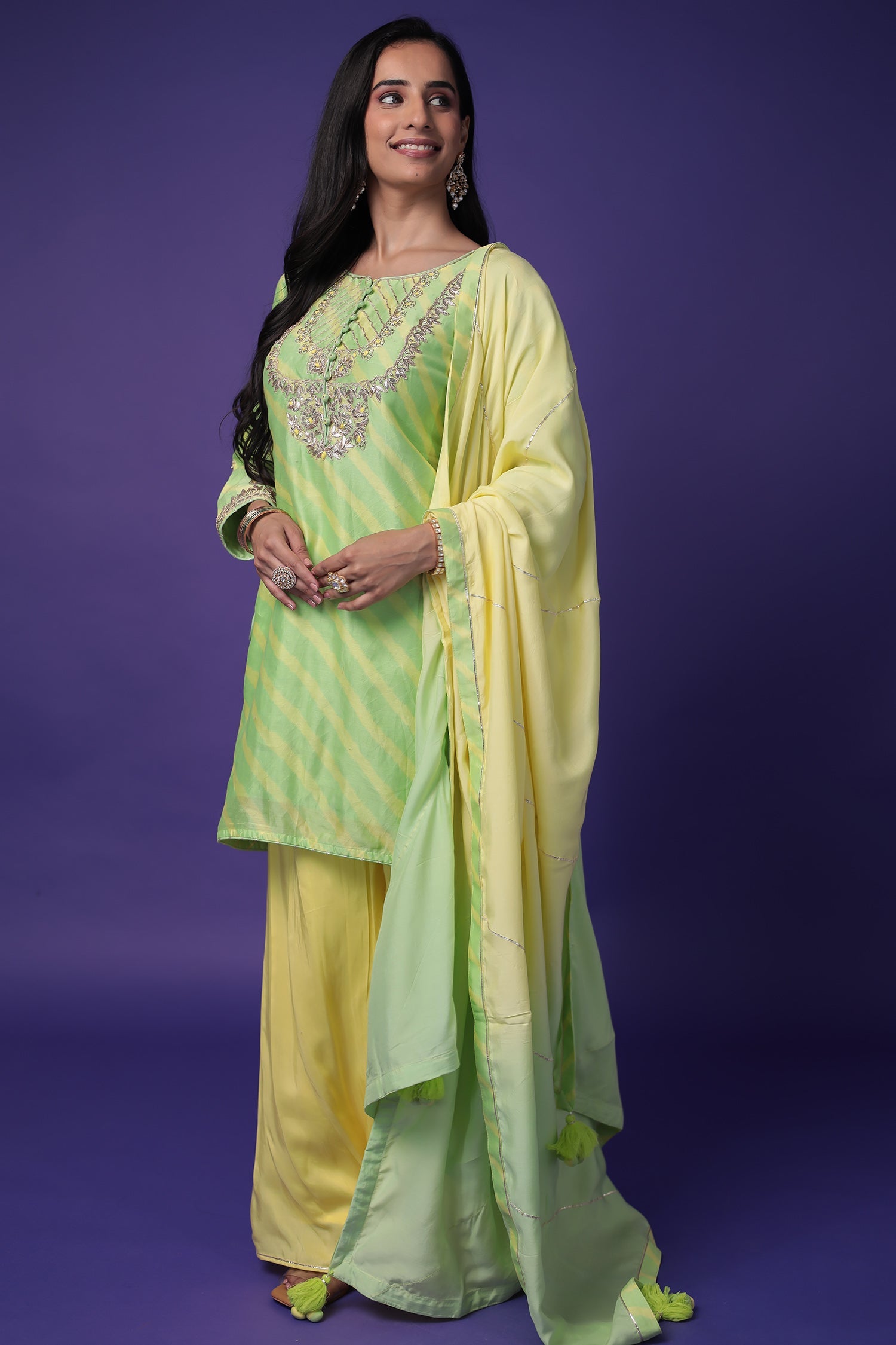 Leheriya Chanderi Silk Suit with Dori, Gota Patti and Zardozi work