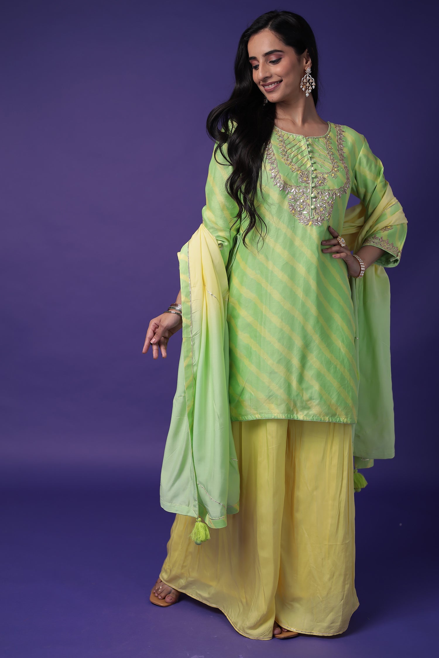 Leheriya Chanderi Silk Suit with Dori, Gota Patti and Zardozi work