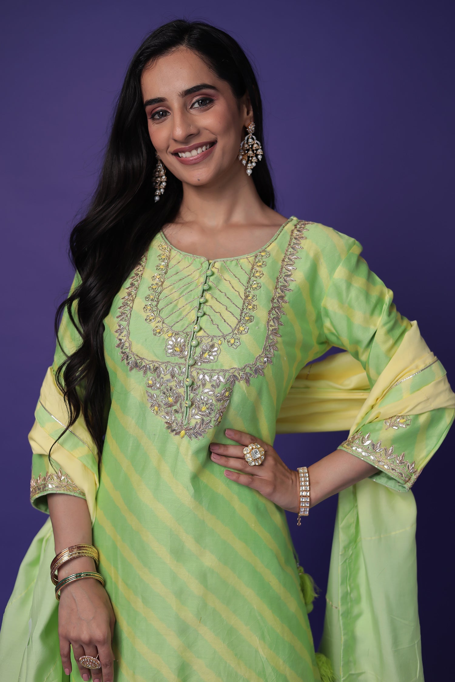 Leheriya Chanderi Silk Suit with Dori, Gota Patti and Zardozi work