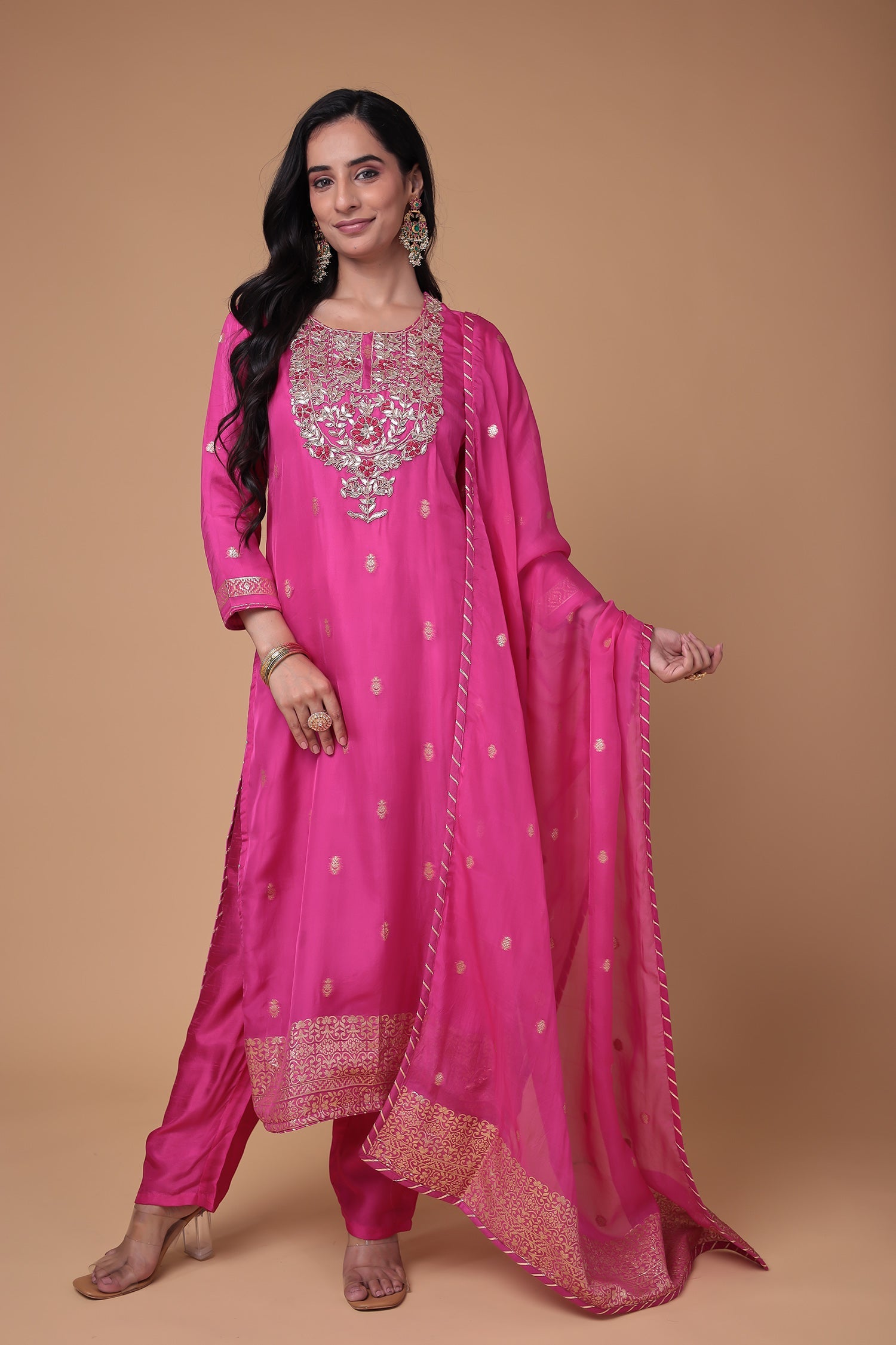 Soft organza Handloom Suit with Gota Patti, Thread and Zardozi work