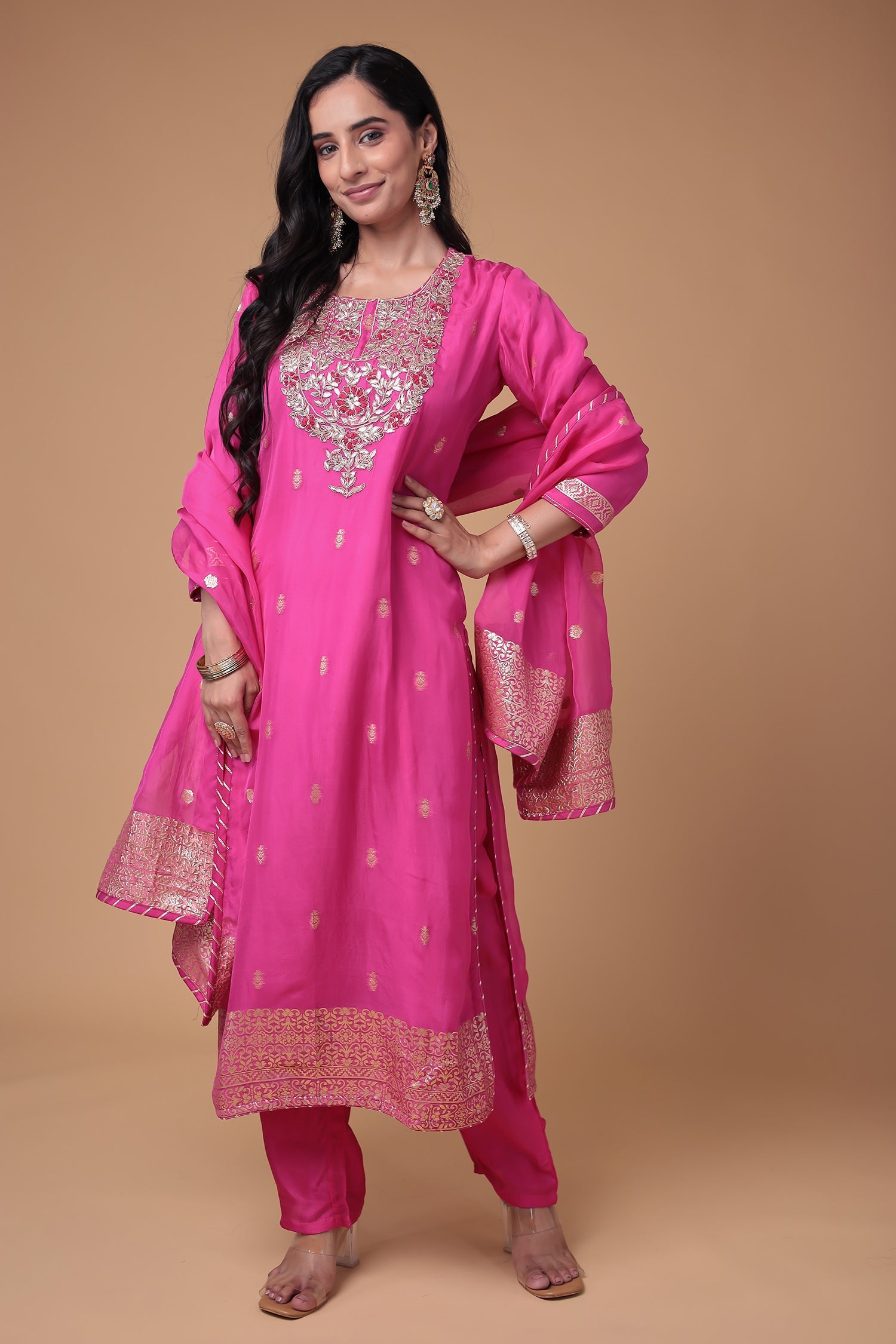 Soft organza Handloom Suit with Gota Patti, Thread and Zardozi work