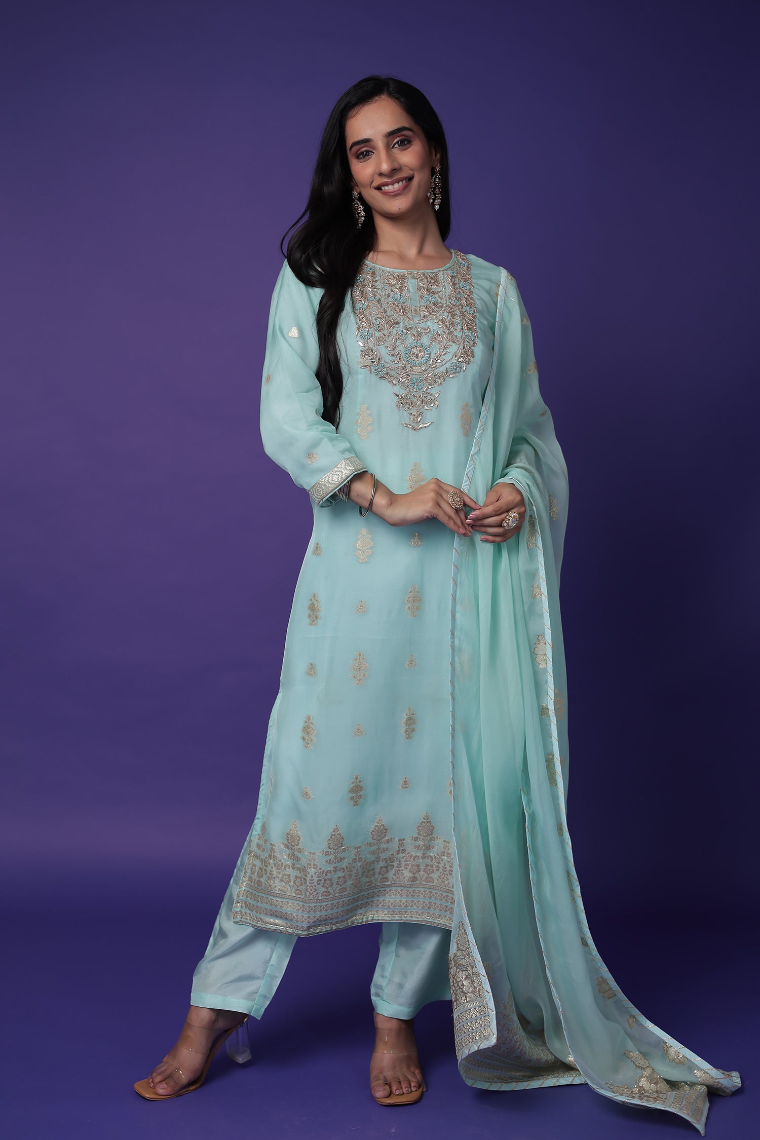 Soft organza Handloom Suit with Gota Patti, Thread and Zardozi work