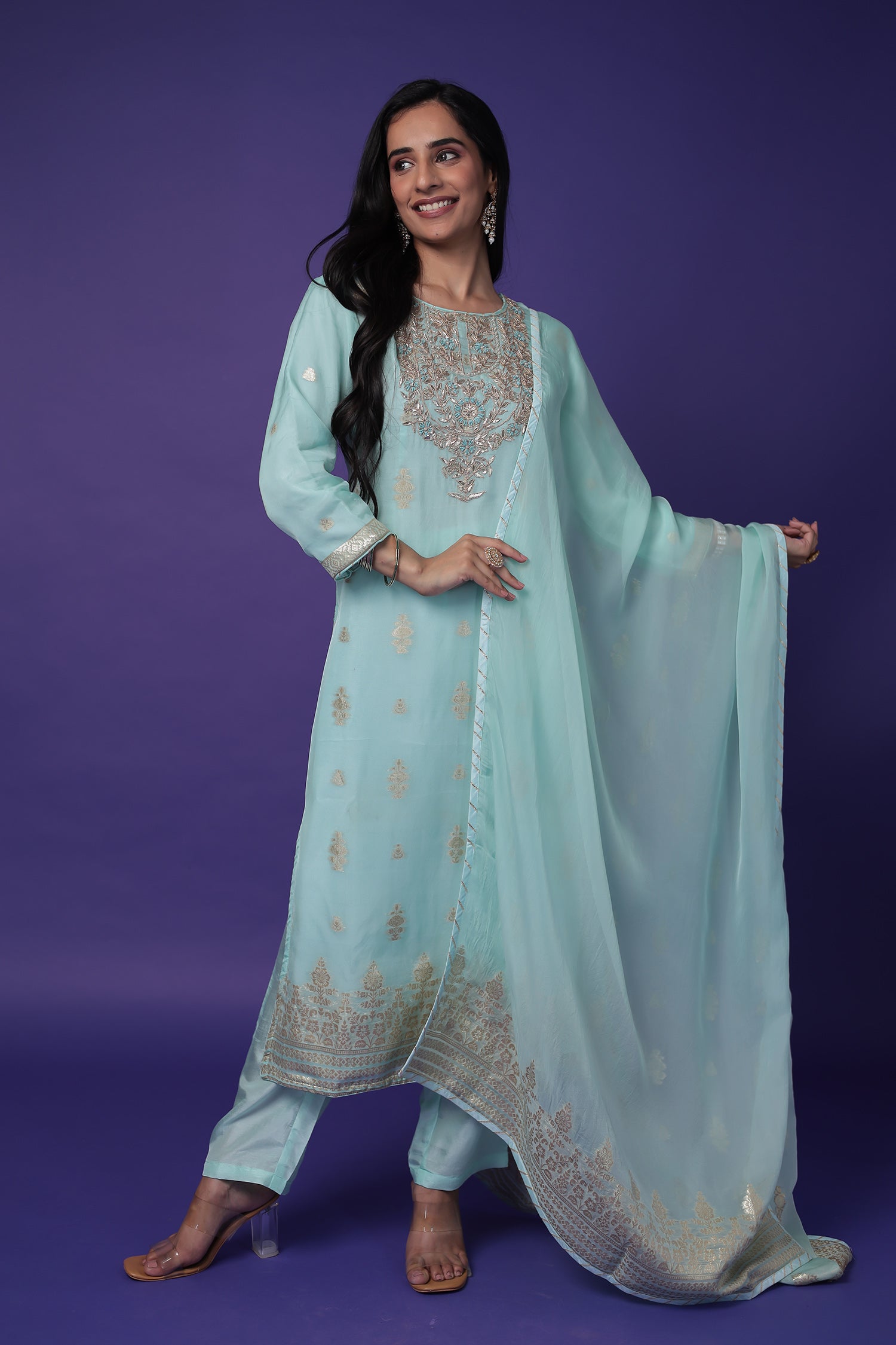 Soft organza Handloom Suit with Gota Patti, Thread and Zardozi work