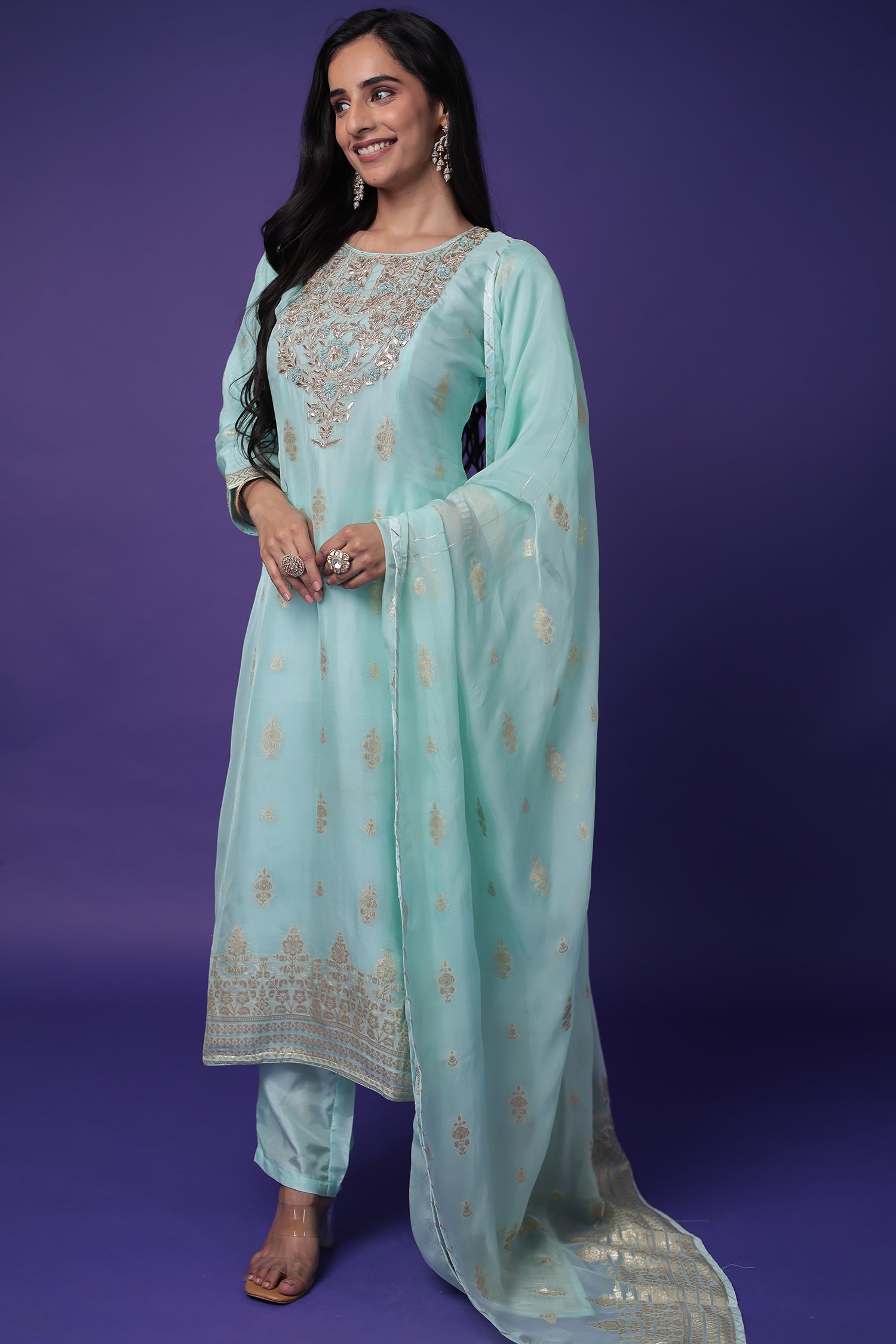 Soft organza Handloom Suit with Gota Patti, Thread and Zardozi work