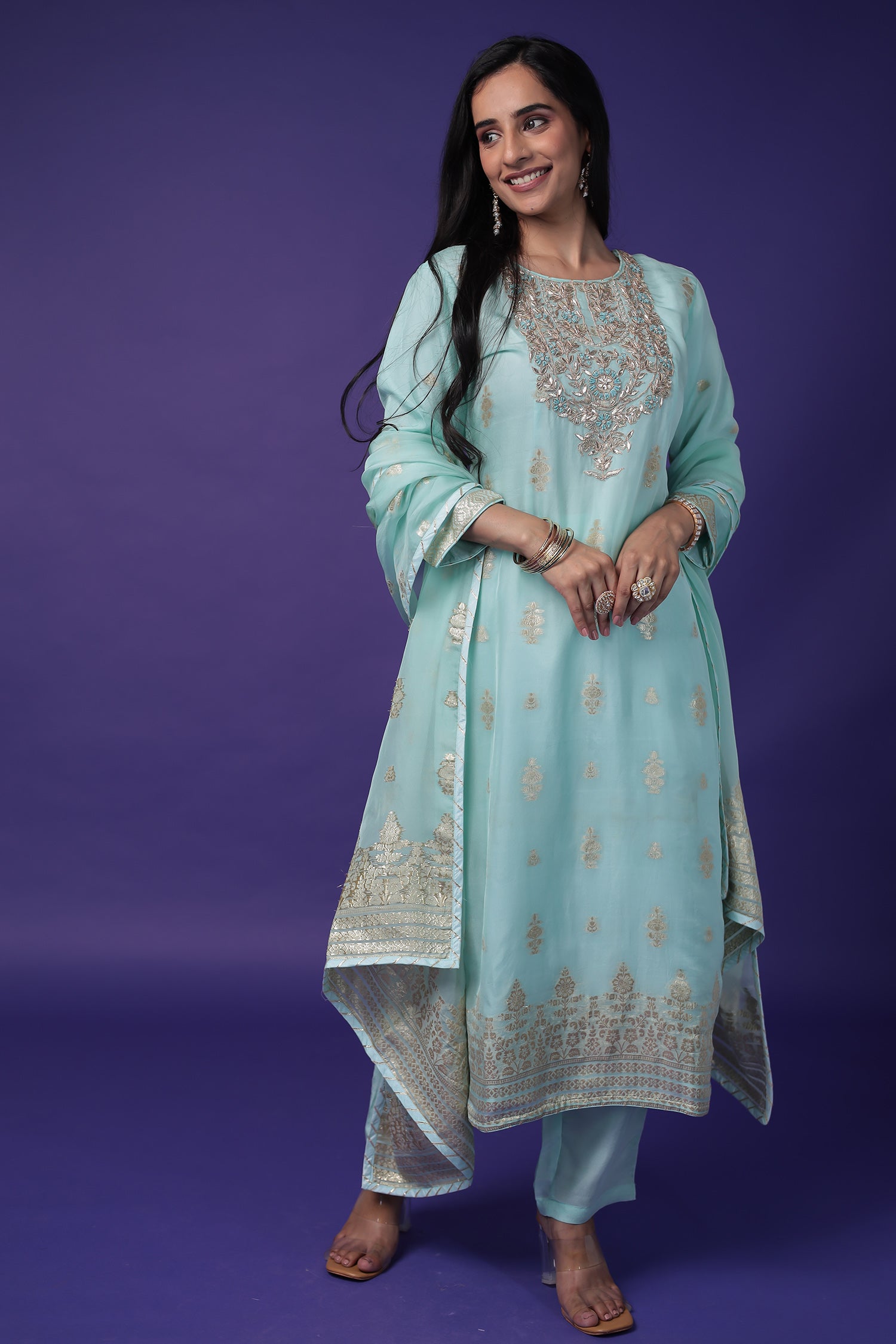 Soft organza Handloom Suit with Gota Patti, Thread and Zardozi work