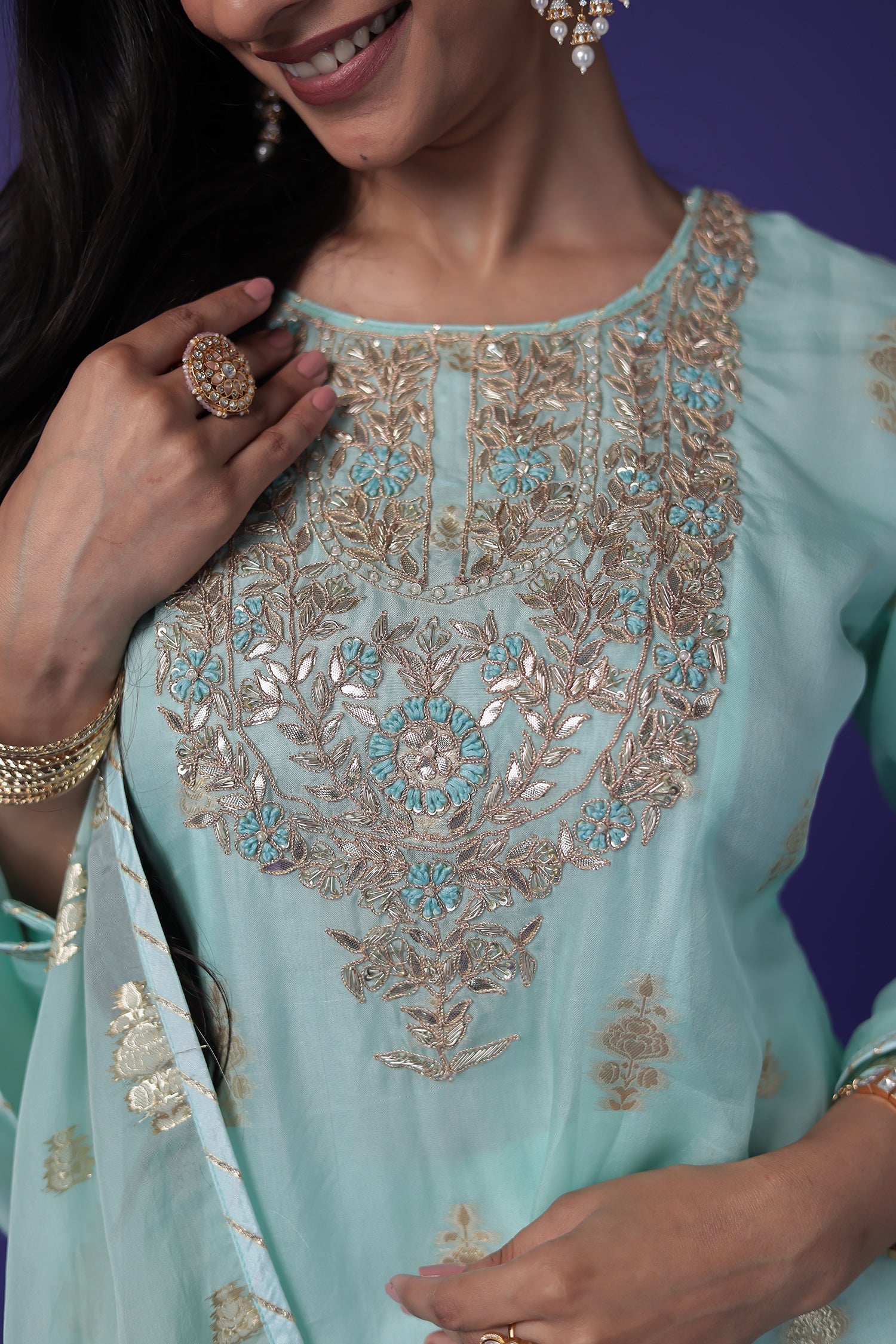 Soft organza Handloom Suit with Gota Patti, Thread and Zardozi work