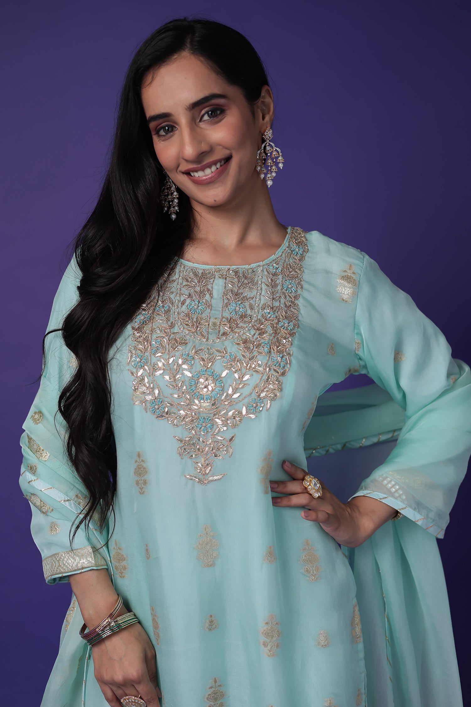 Soft organza Handloom Suit with Gota Patti, Thread and Zardozi work