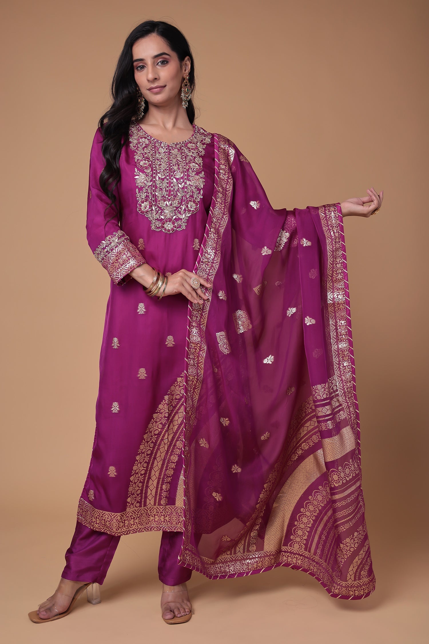 Handloom Organza Suit with Gota Patti,Thread and Zardozi, Handloom work