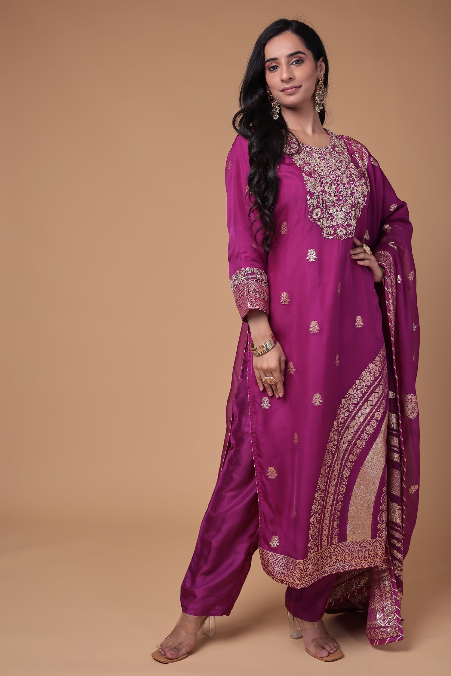 Handloom Organza Suit with Gota Patti,Thread and Zardozi, Handloom work