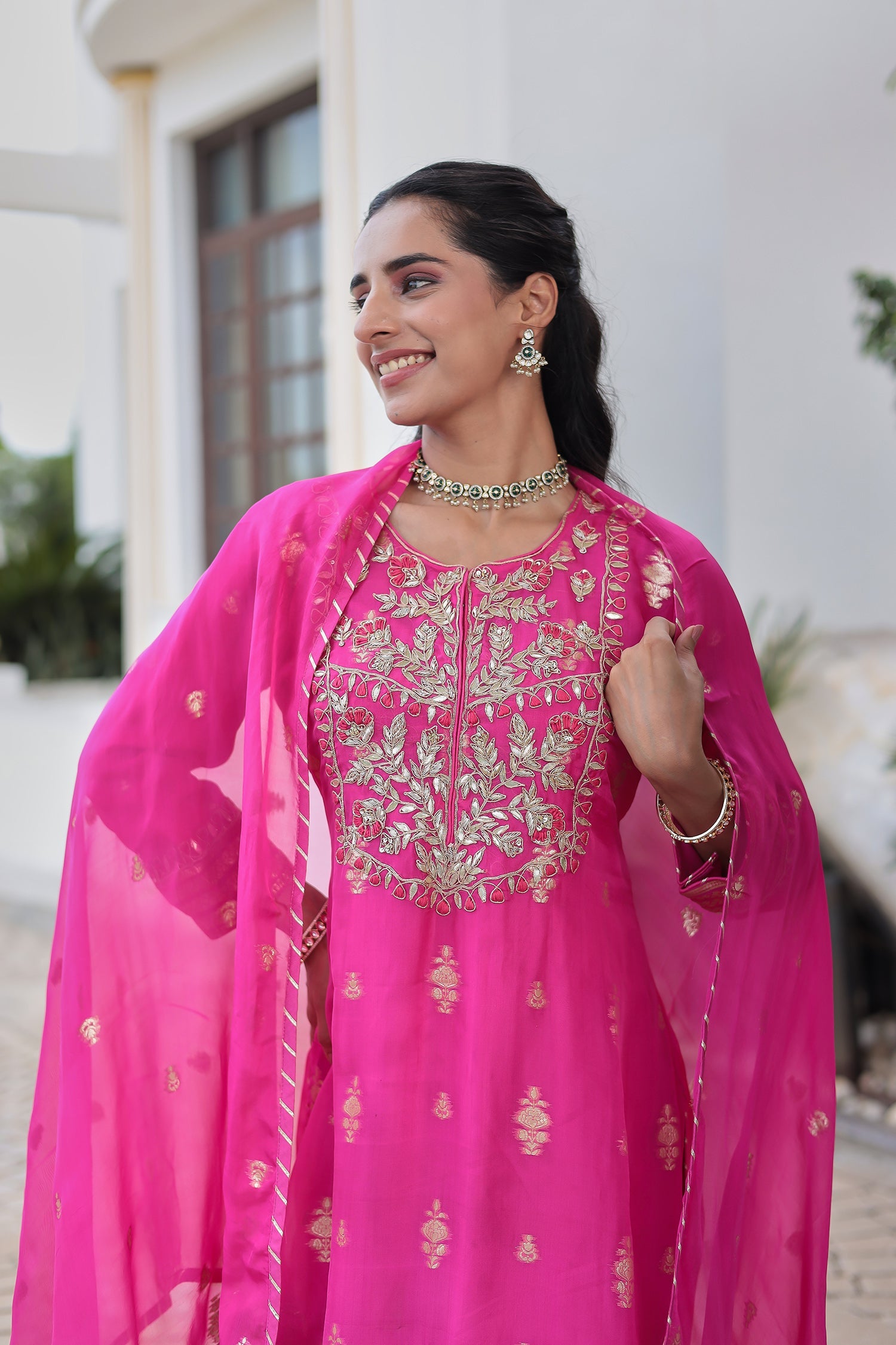 Elegant Handwoven Organza Suit with Intricate Thread, Zardozi & Gota Patti Detailing