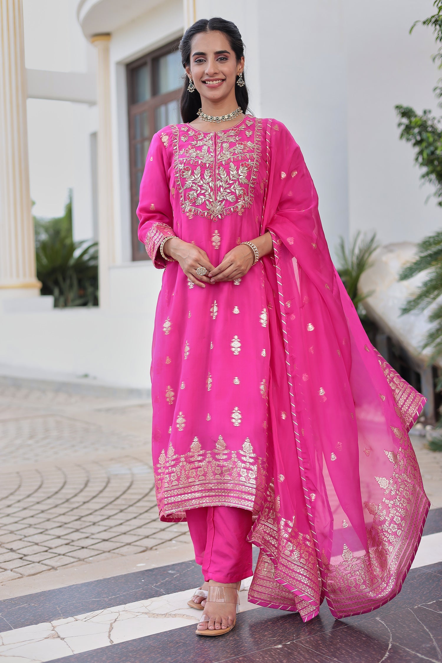 Elegant Handwoven Organza Suit with Intricate Thread, Zardozi & Gota Patti Detailing
