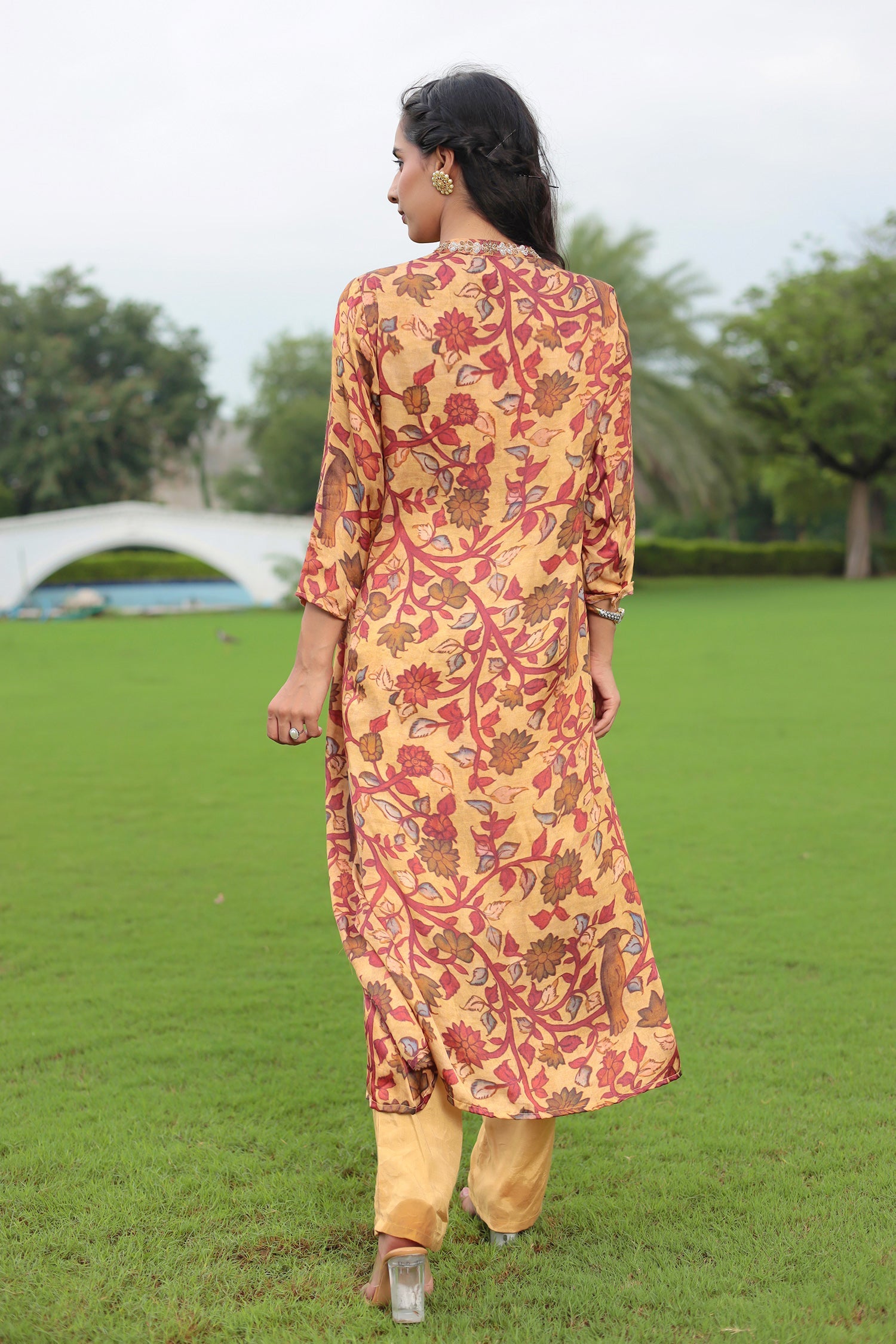 Printed Satin Silk Suit with Dori & Zardozi Embroidery