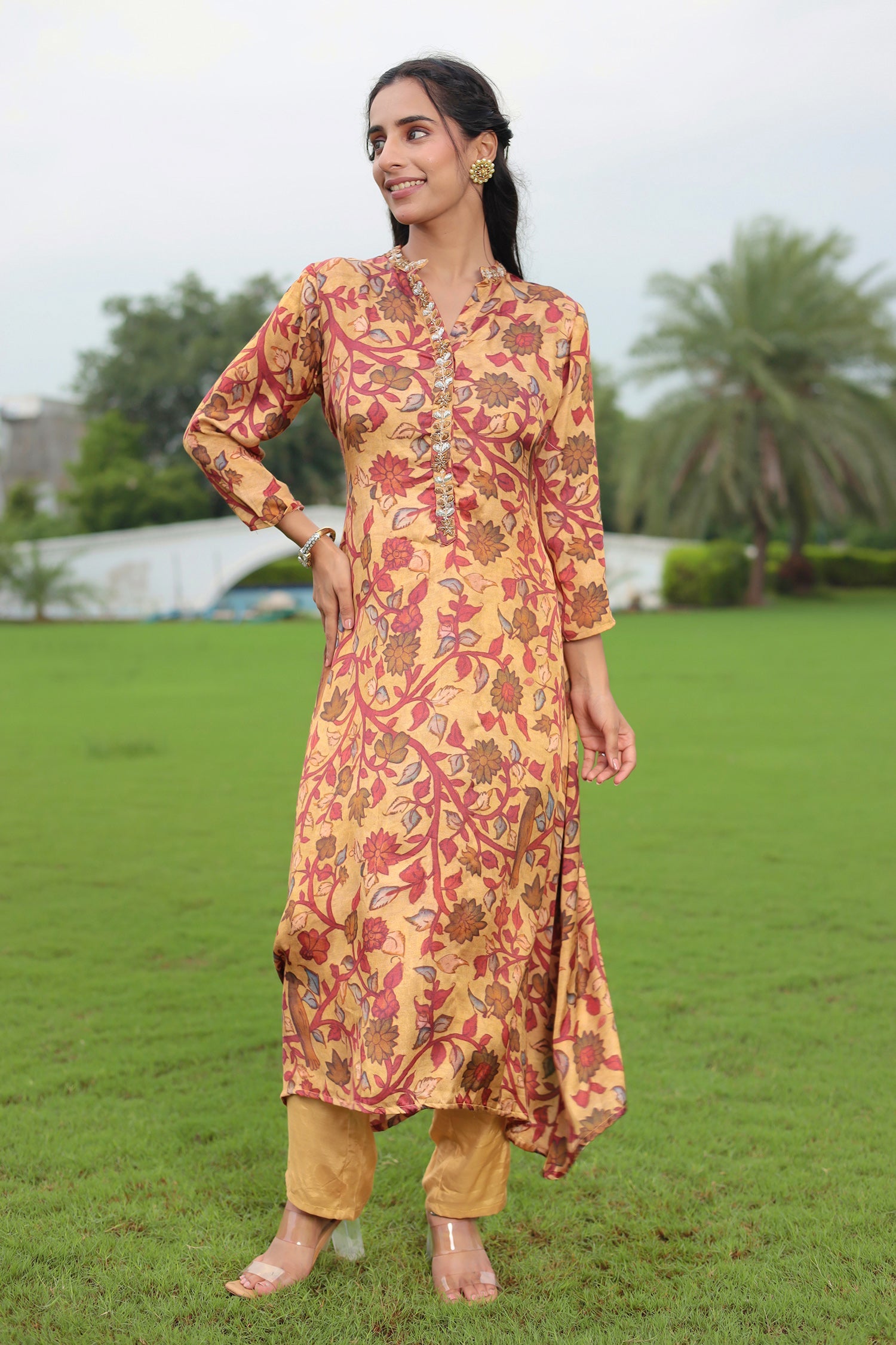 Printed Satin Silk Suit with Dori & Zardozi Embroidery