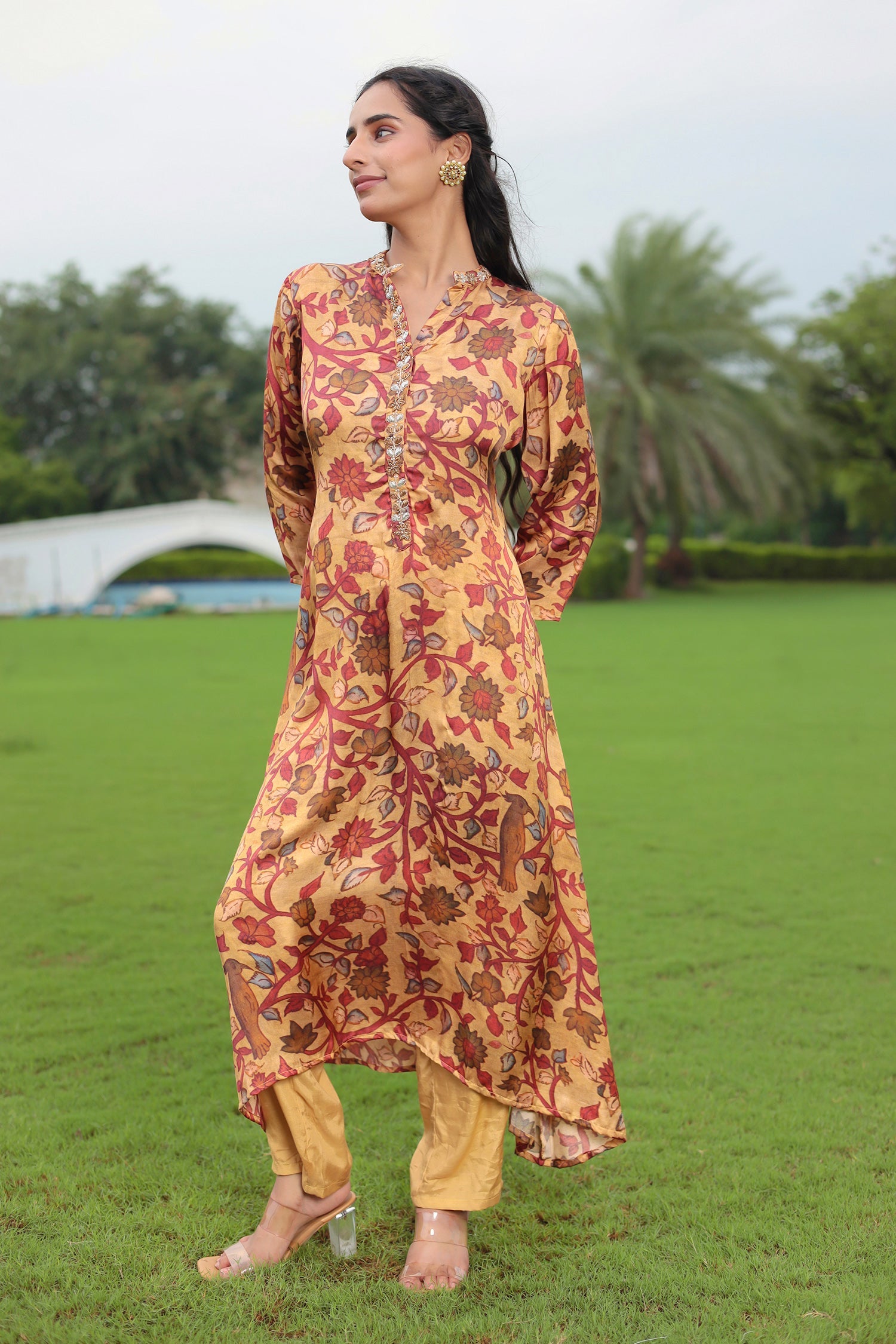 Printed Satin Silk Suit with Dori & Zardozi Embroidery