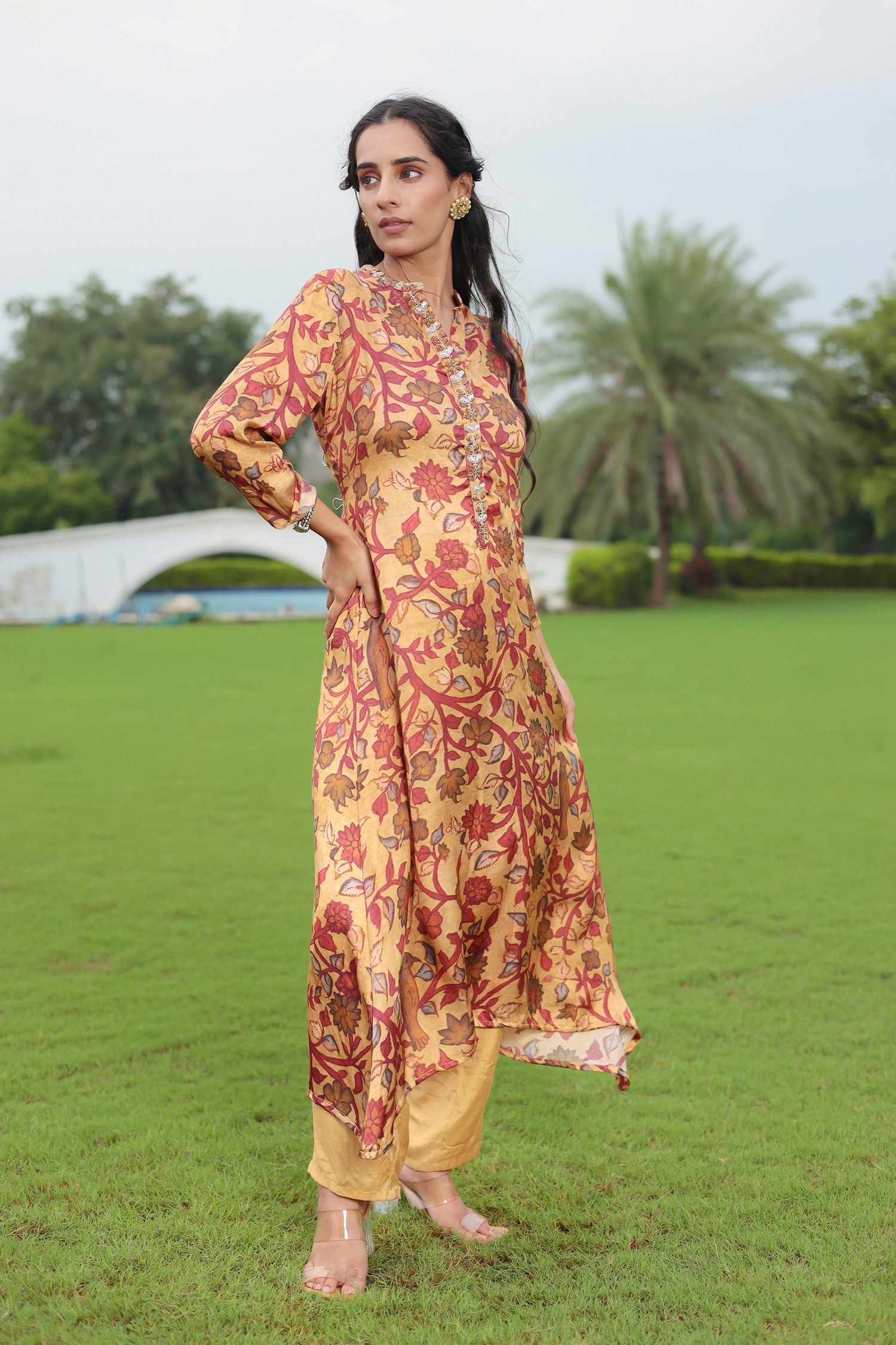 Printed Satin Silk Suit with Dori & Zardozi Embroidery