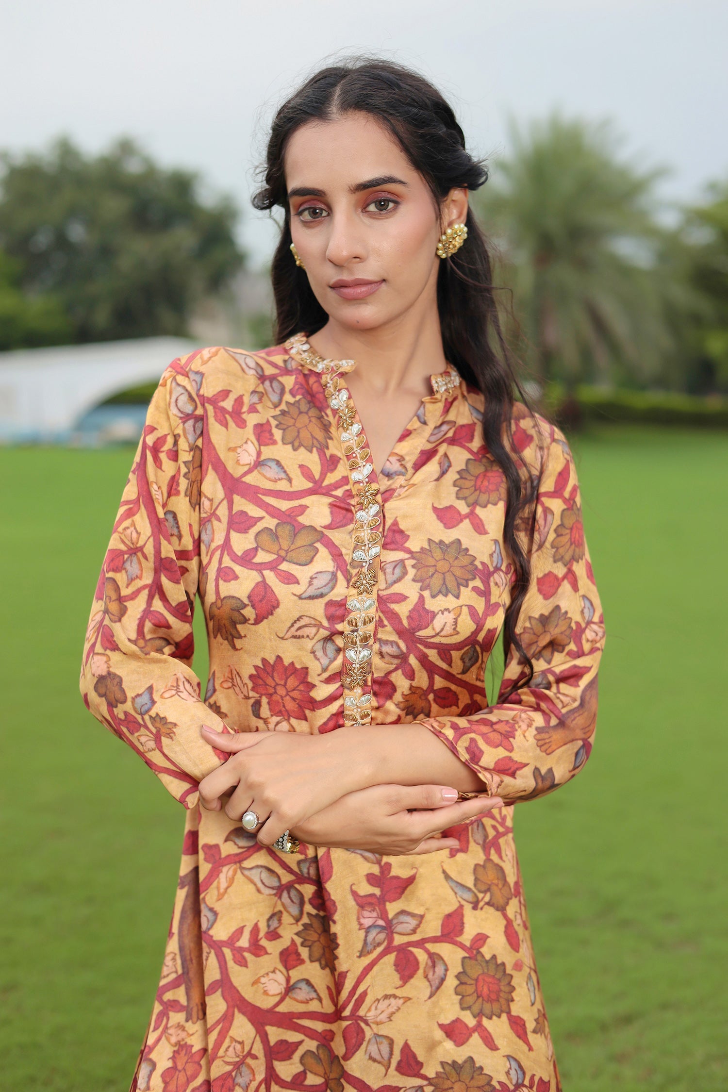 Printed Satin Silk Suit with Dori & Zardozi Embroidery