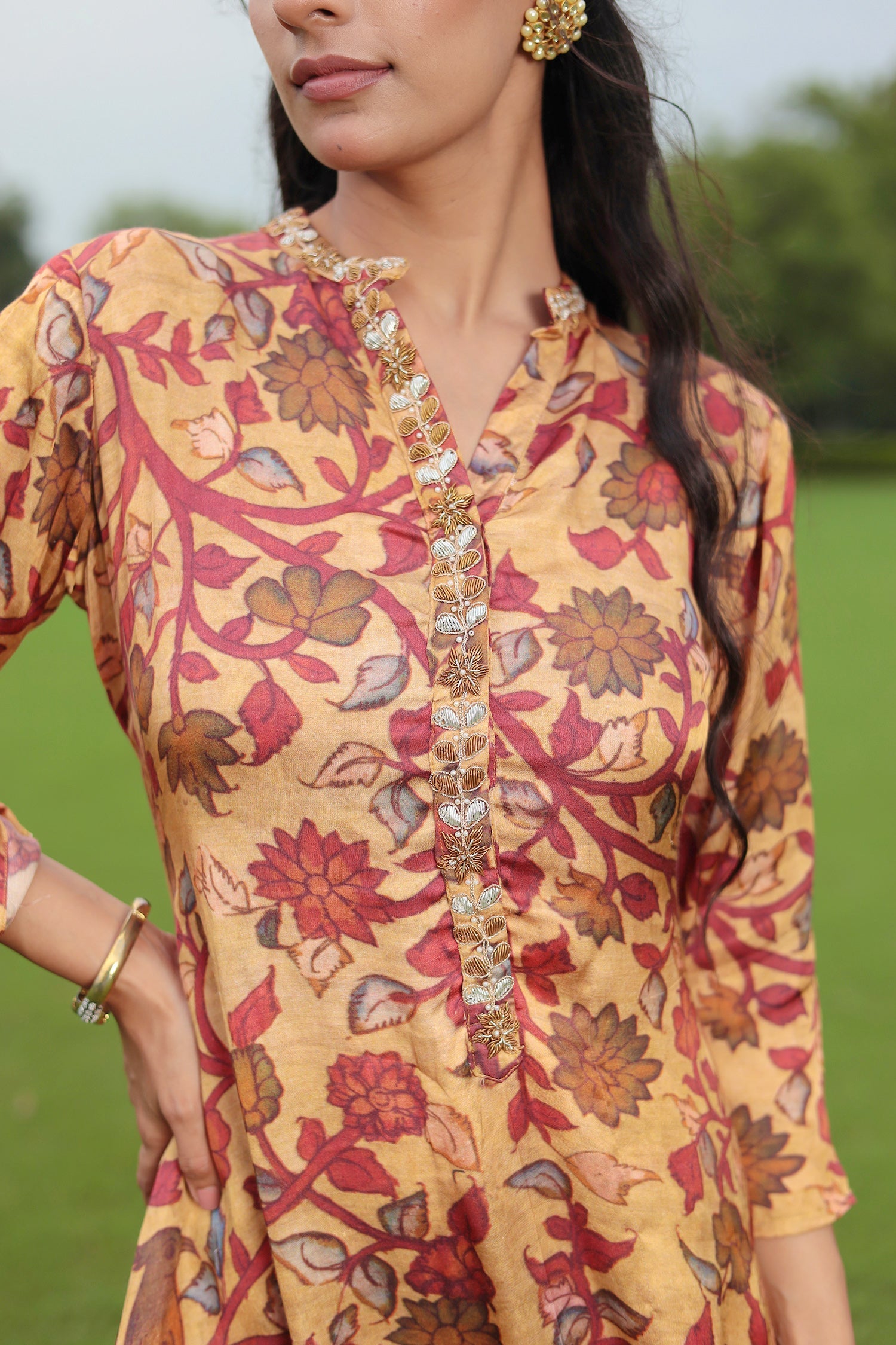 Printed Satin Silk Suit with Dori & Zardozi Embroidery