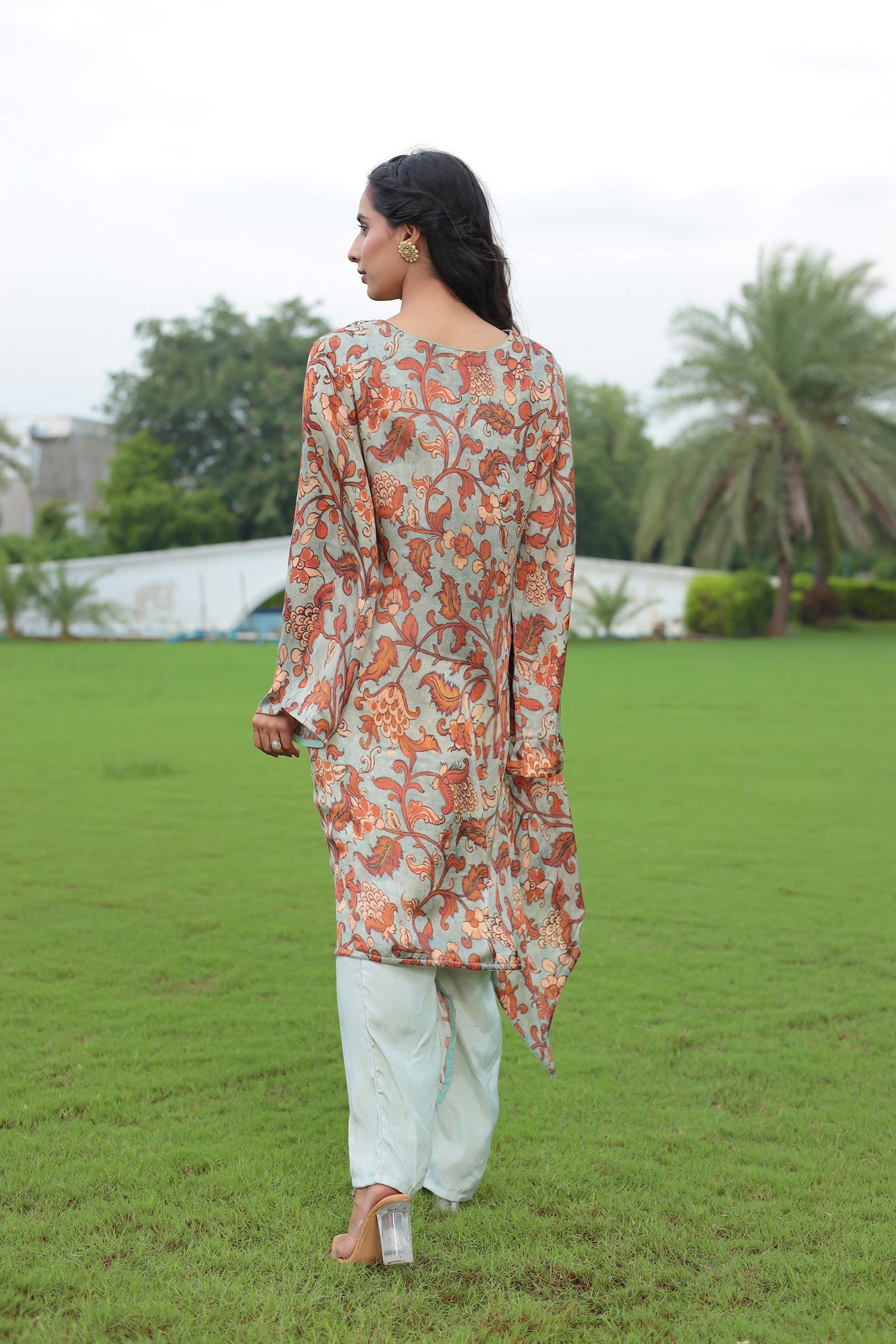 Printed Satin Silk Suit with Dori and Gota Patti work