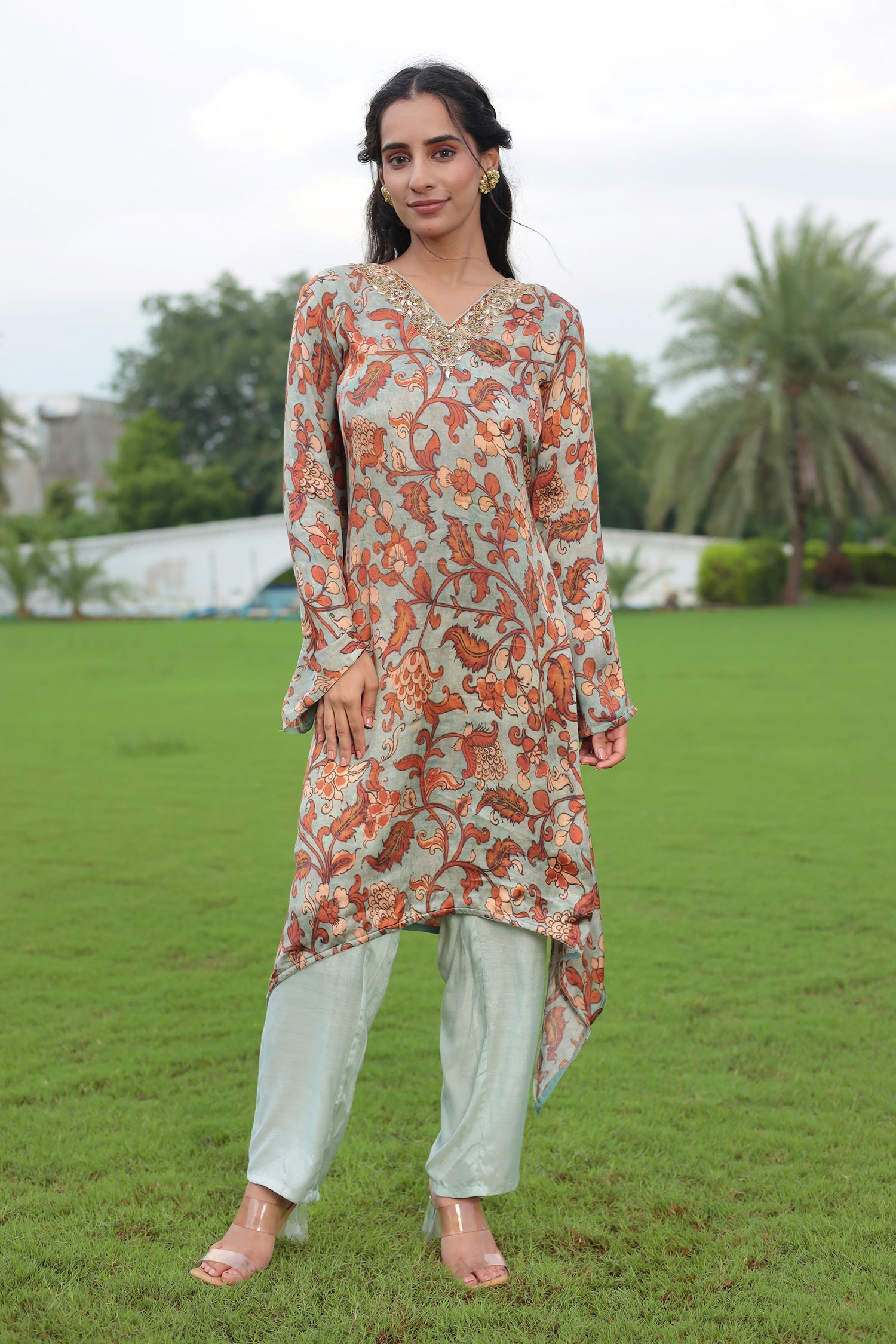 Printed Satin Silk Suit with Dori and Gota Patti work