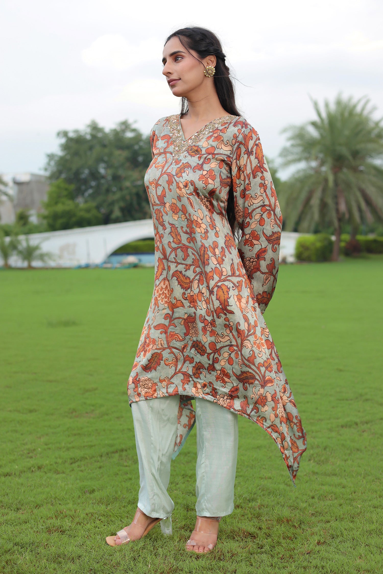 Printed Satin Silk Suit with Dori and Gota Patti work