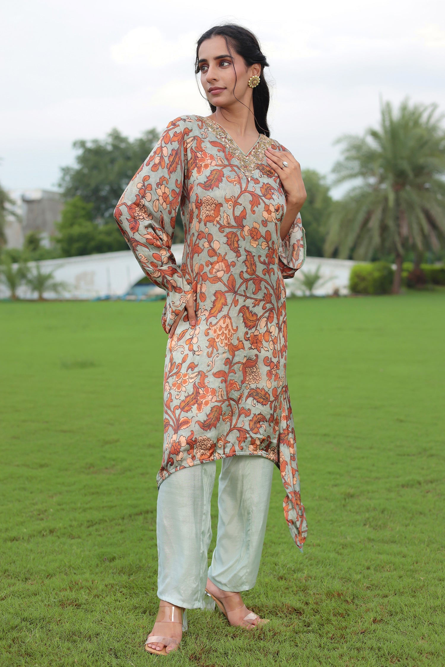 Printed Satin Silk Suit with Dori and Gota Patti work