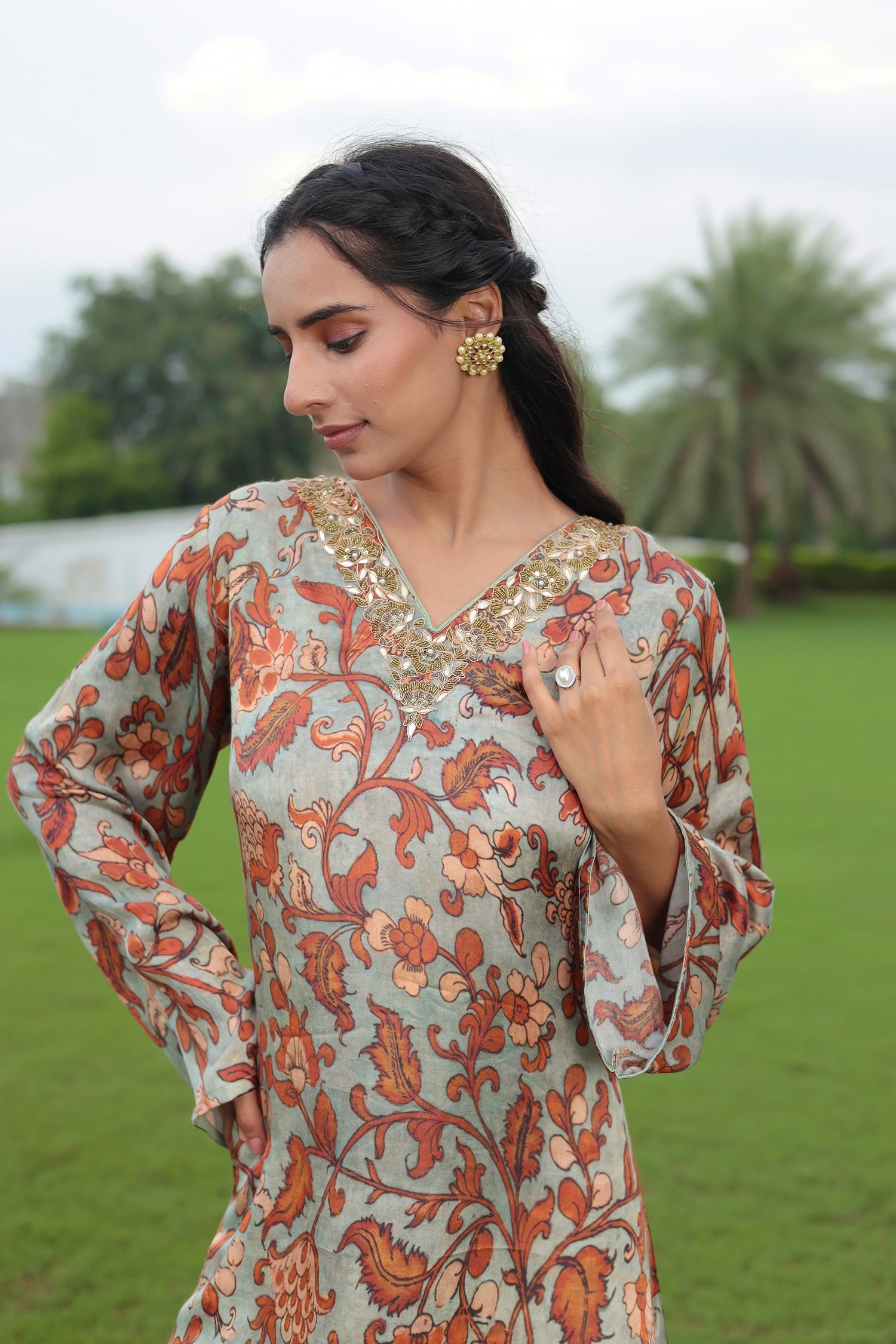 Printed Satin Silk Suit with Dori and Gota Patti work