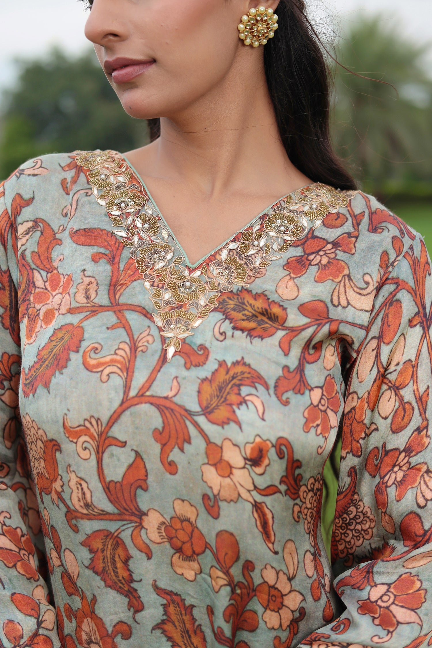 Printed Satin Silk Suit with Dori and Gota Patti work