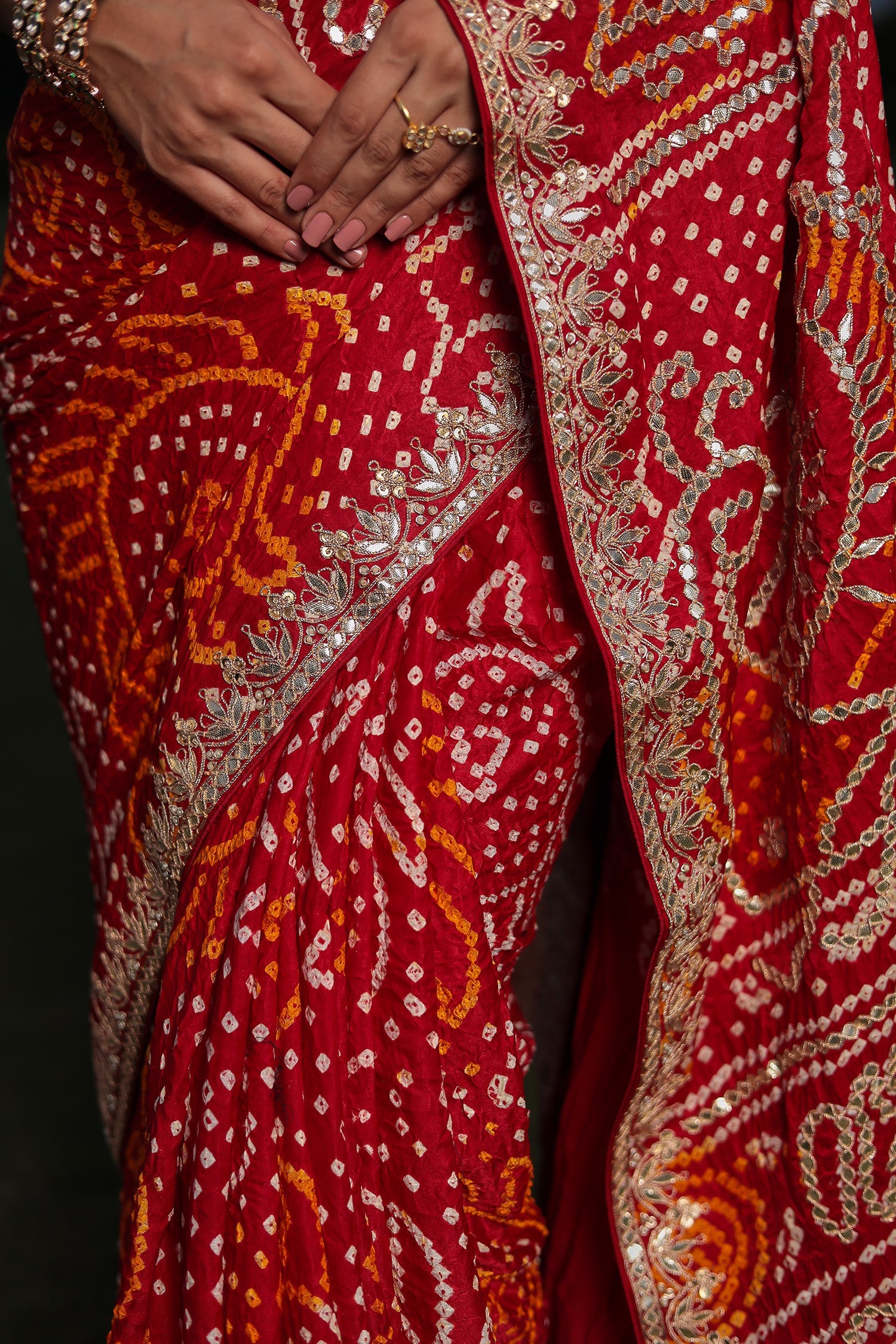 Bandhej Gajji Silk Saree with Dori & Gota Patti Embroidery