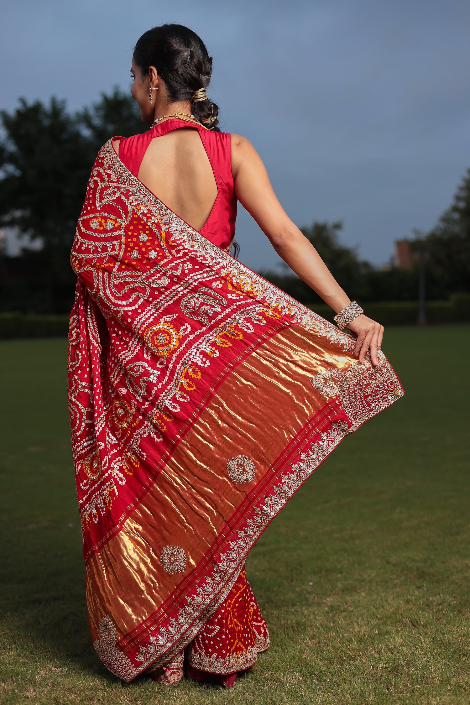 Bandhej Gajji Silk Saree with Dori & Gota Patti Embroidery