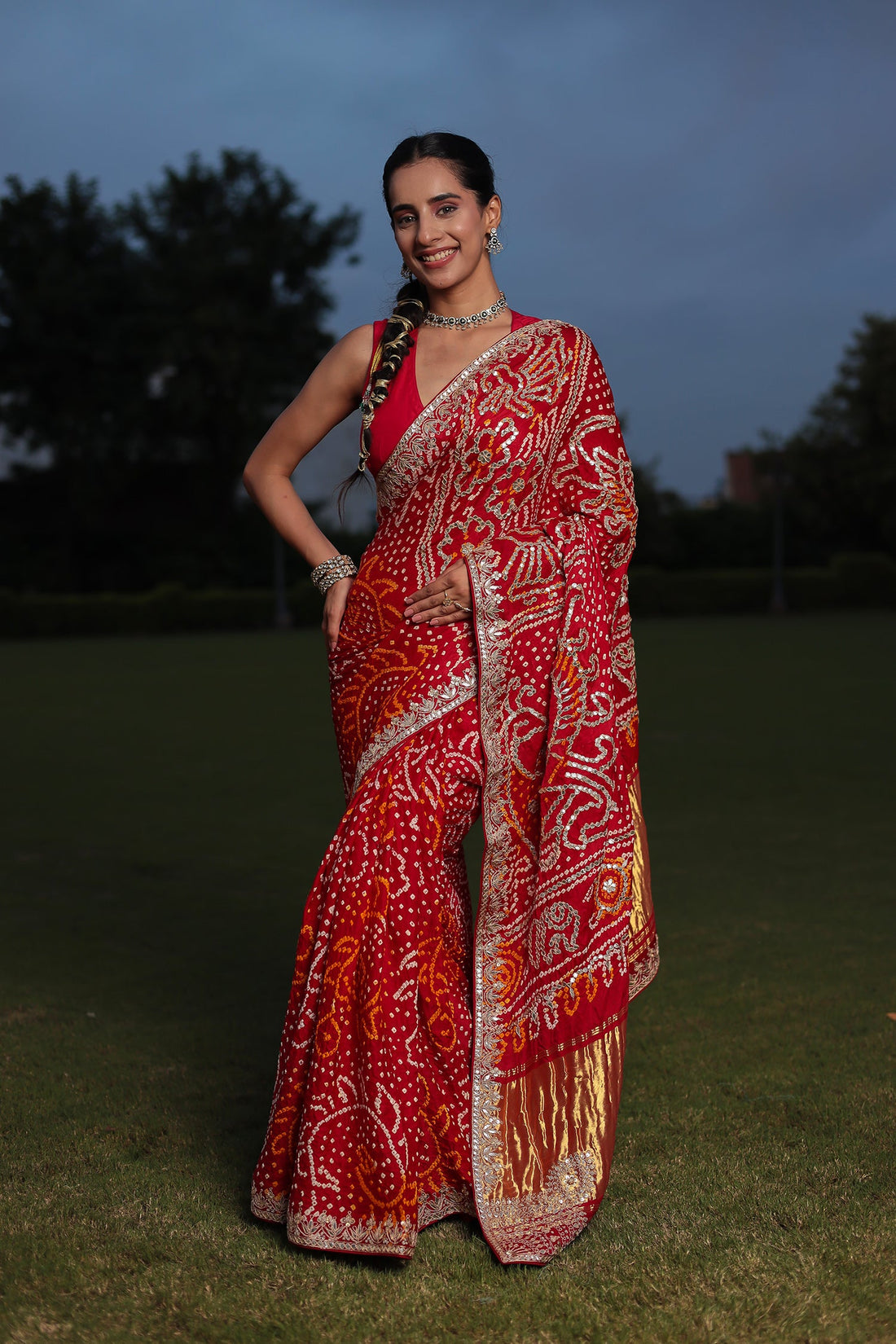 Bandhej Gajji Silk Saree with Dori & Gota Patti Embroidery