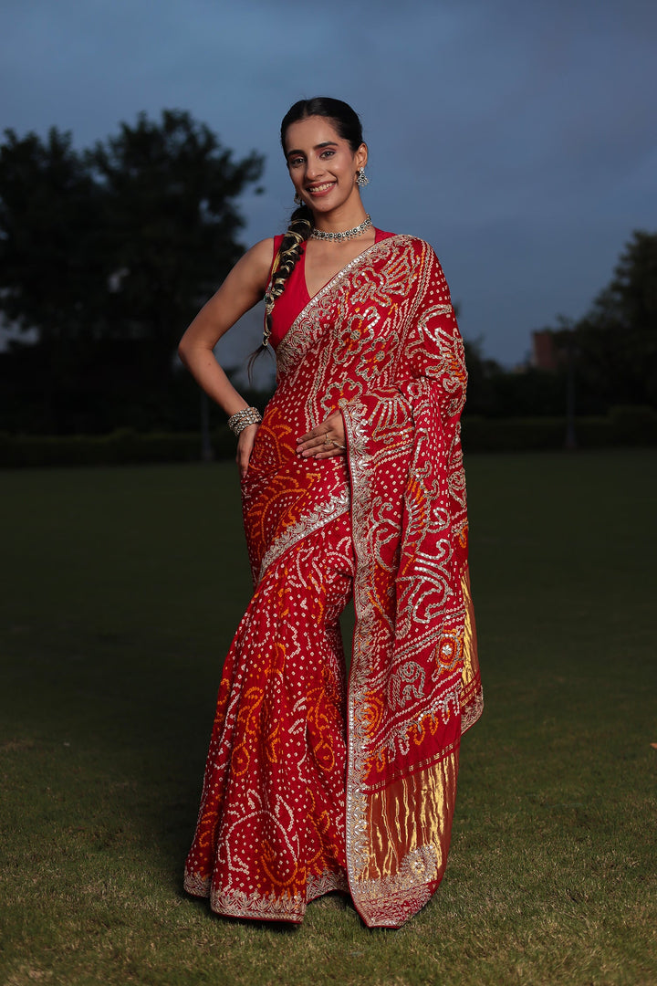 Bandhej Gajji Silk Saree with Dori & Gota Patti Embroidery