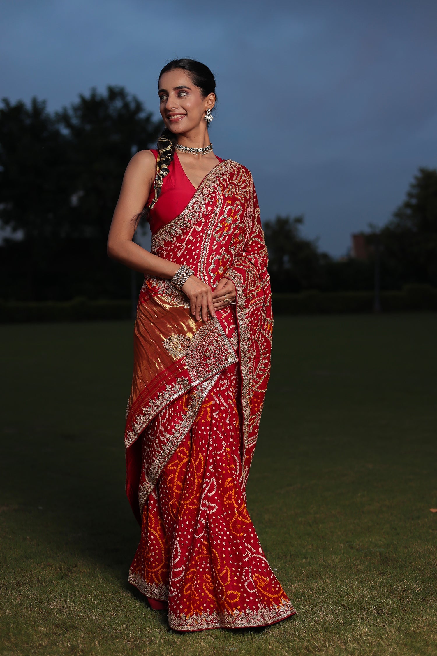 Bandhej Gajji Silk Saree with Dori & Gota Patti Embroidery