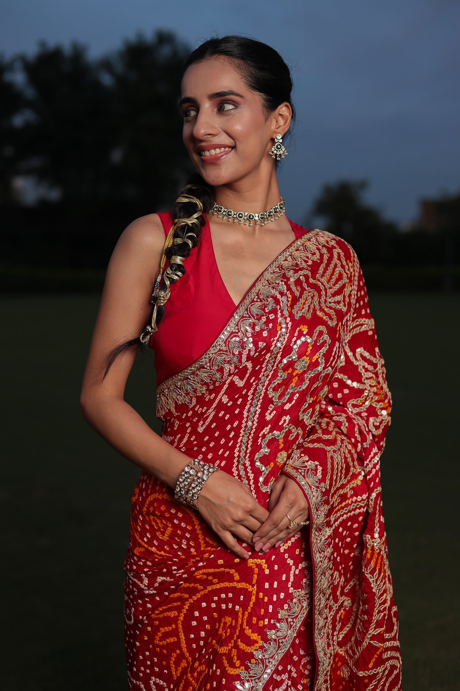 Bandhej Gajji Silk Saree with Dori & Gota Patti Embroidery