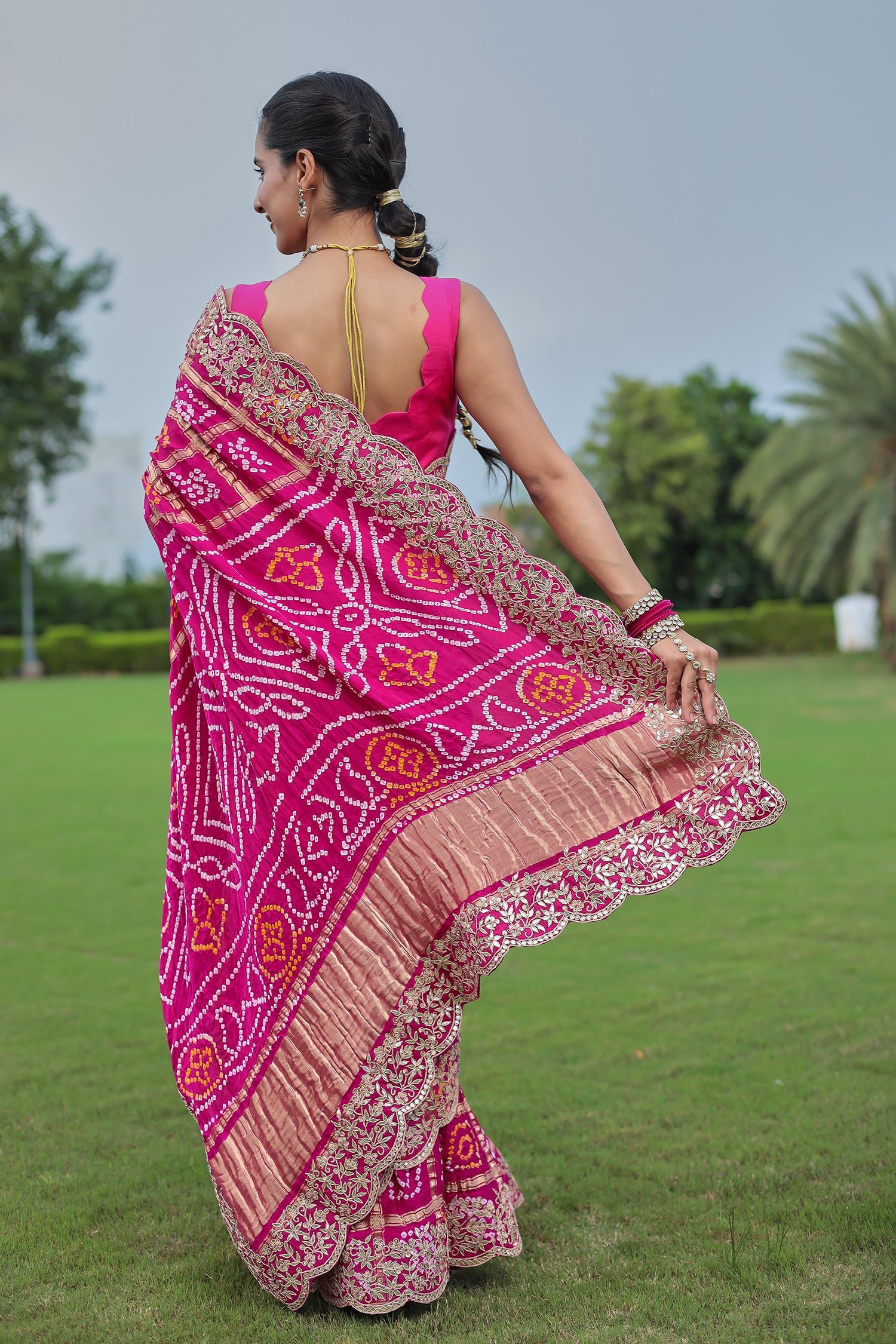 Traditional Gajji Silk Bandhej Saree Adorned with Dori and Gota Patti Work