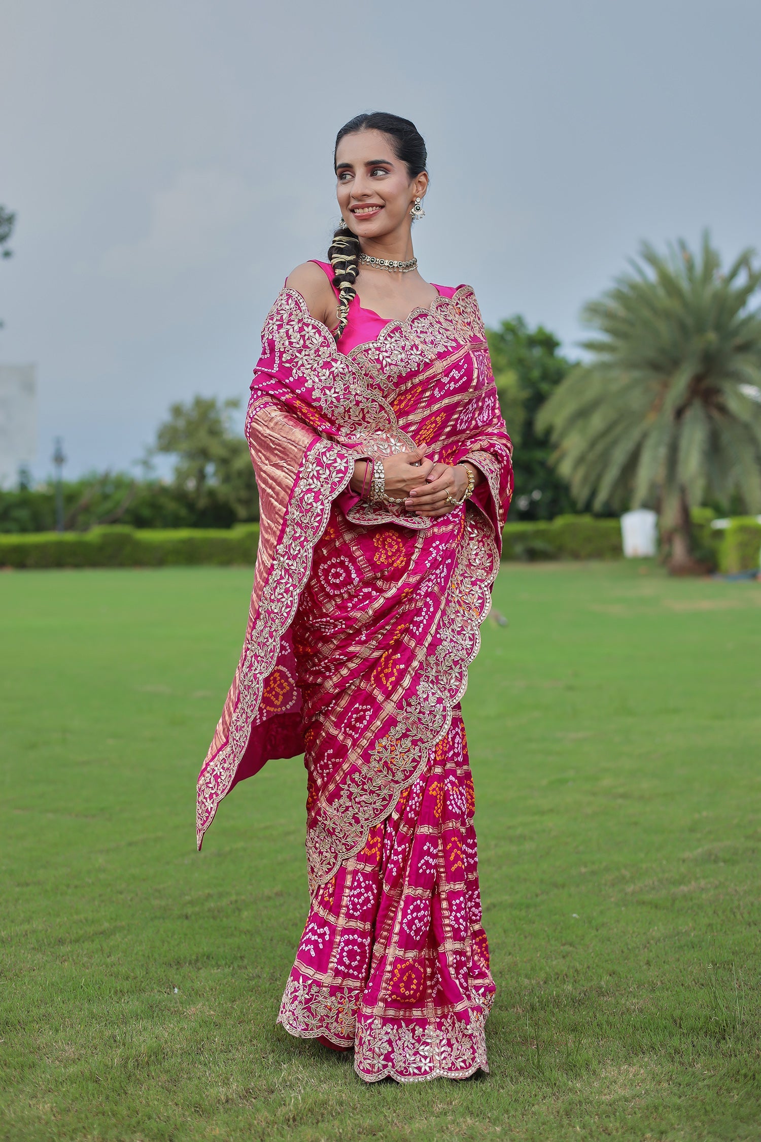 Traditional Gajji Silk Bandhej Saree Adorned with Dori and Gota Patti Work