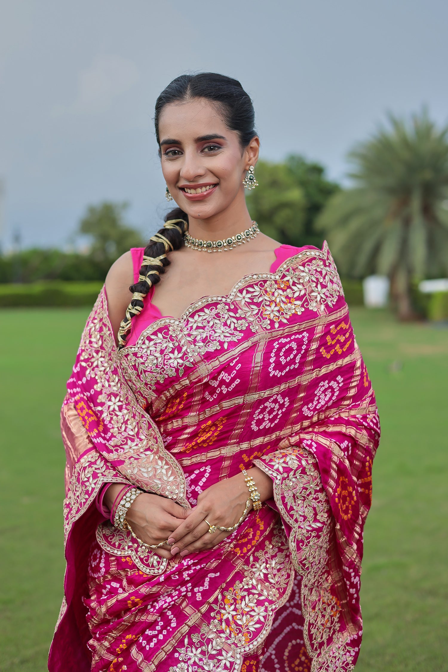 Traditional Gajji Silk Bandhej Saree Adorned with Dori and Gota Patti Work