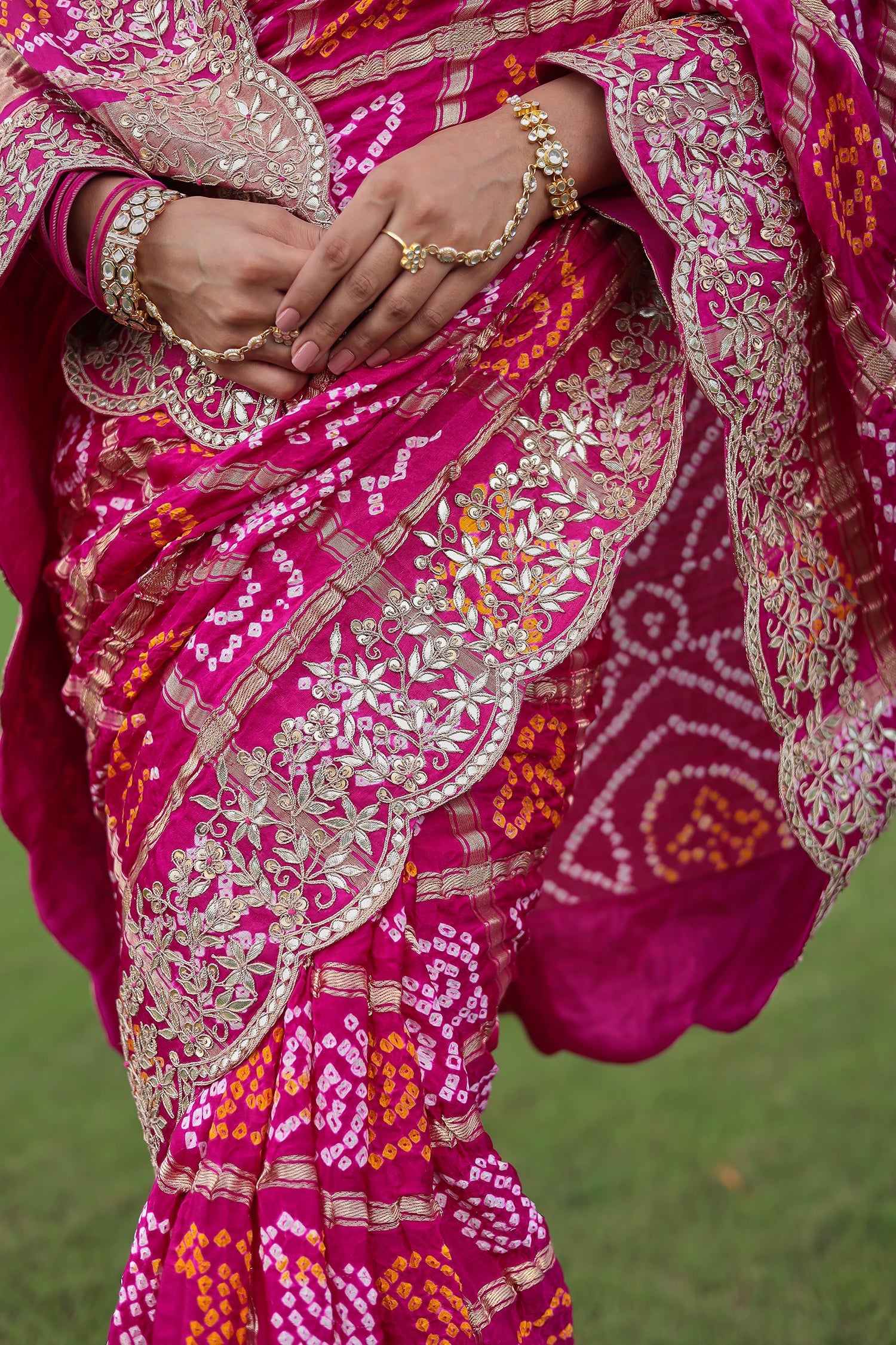 Traditional Gajji Silk Bandhej Saree Adorned with Dori and Gota Patti Work