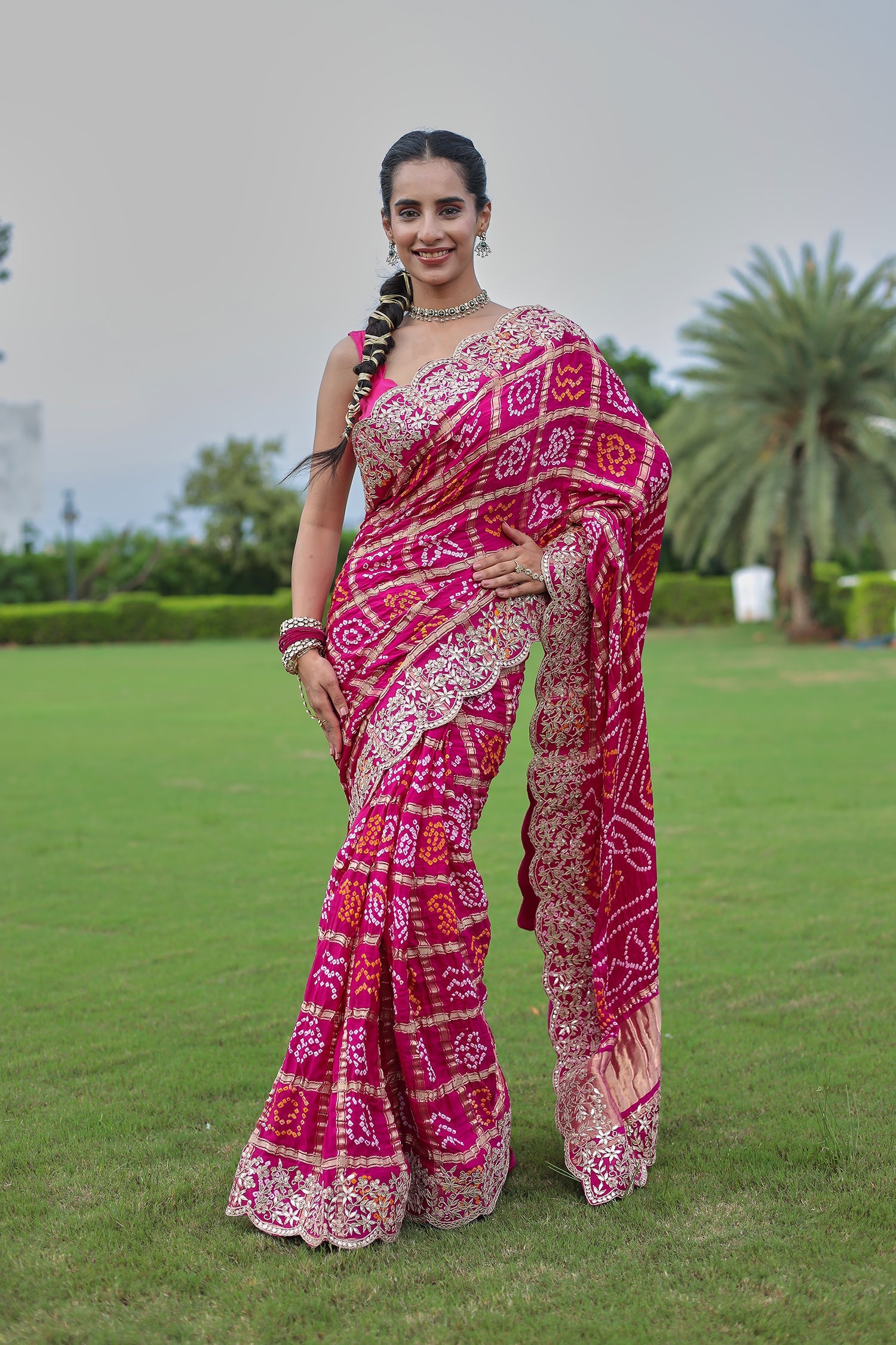 Traditional Gajji Silk Bandhej Saree Adorned with Dori and Gota Patti Work