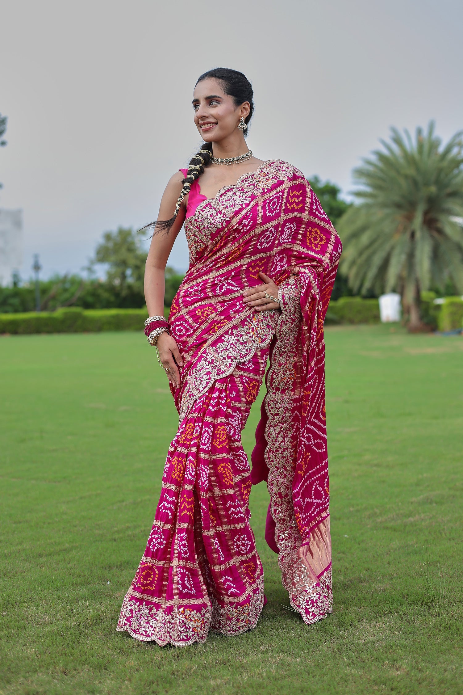 Traditional Gajji Silk Bandhej Saree Adorned with Dori and Gota Patti Work