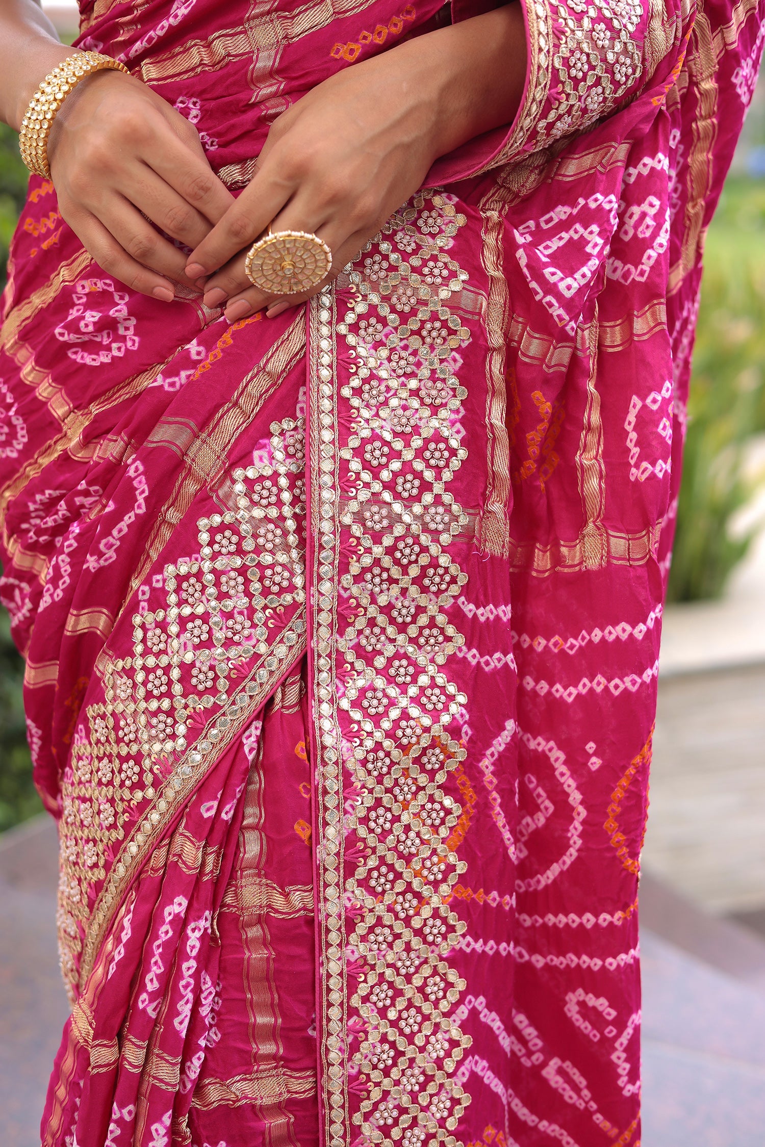 Traditional Gajji Silk Drape with Gota Patti, Pearl and Fine Thread Work