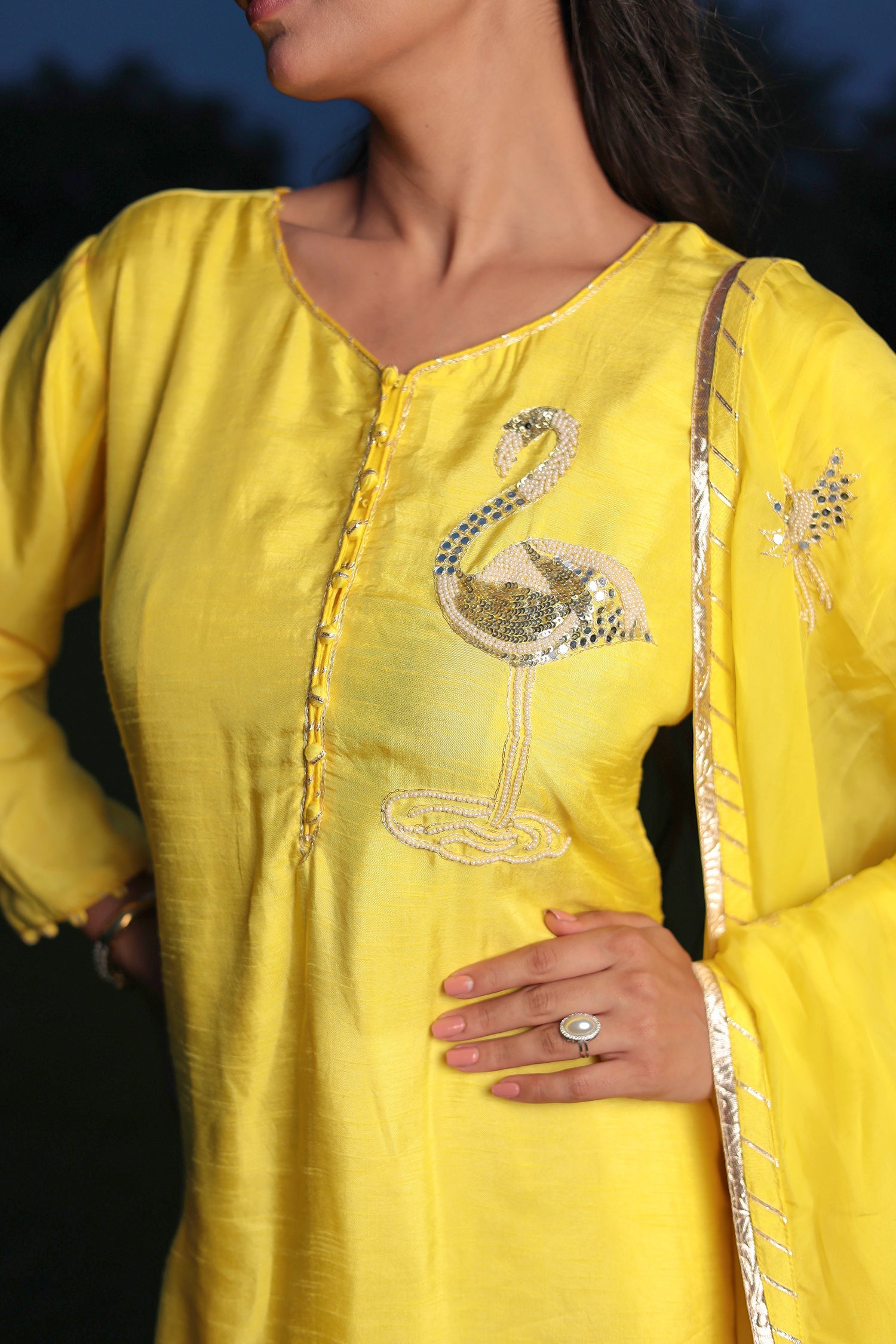 Festive Silk Suit Enhanced with Aari, Gota, Pearl & Sequins Embellishment