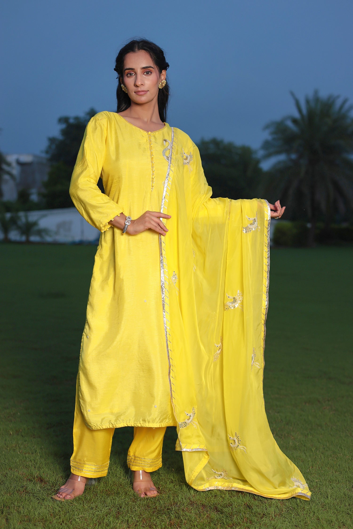 Festive Silk Suit Enhanced with Aari, Gota, Pearl & Sequins Embellishment