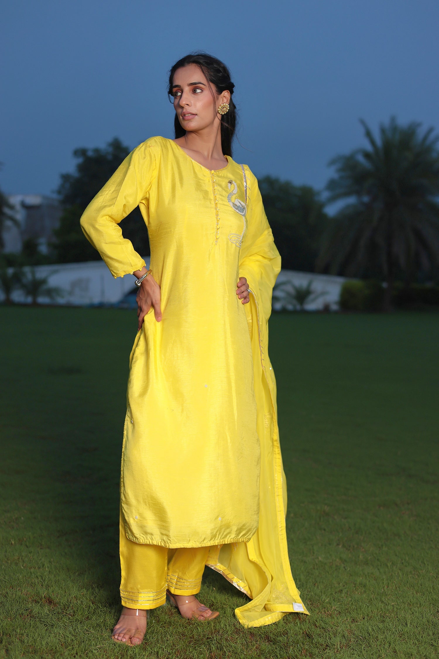 Festive Silk Suit Enhanced with Aari, Gota, Pearl & Sequins Embellishment