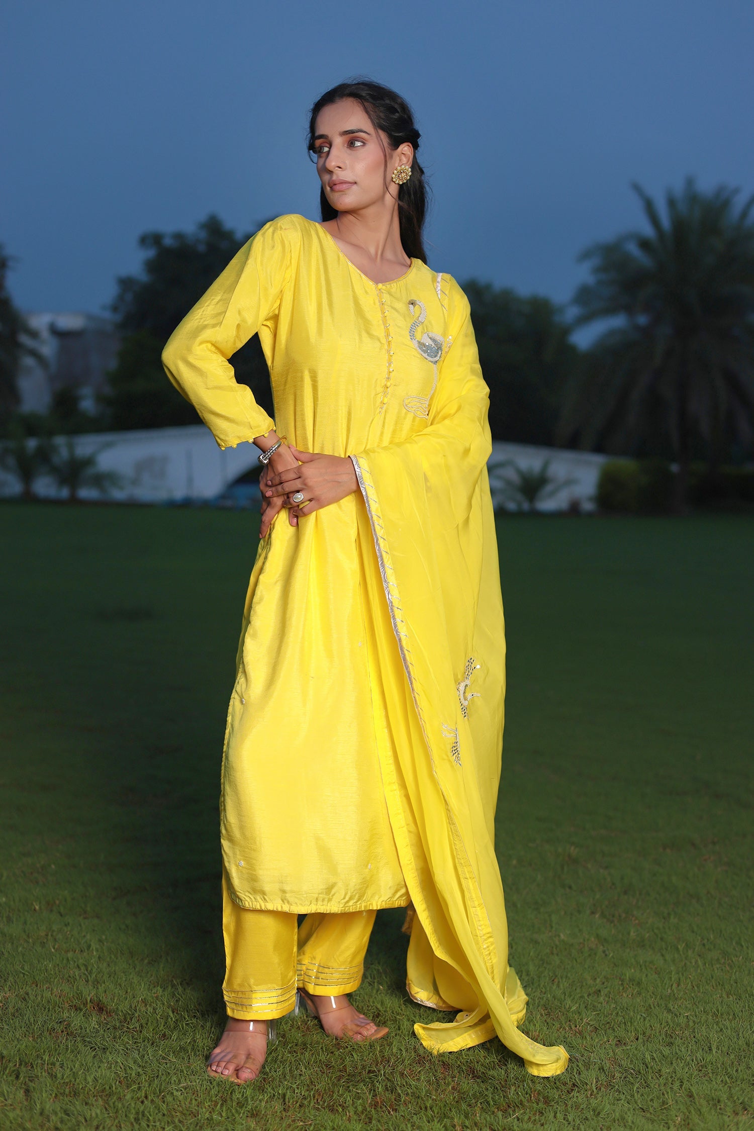 Festive Silk Suit Enhanced with Aari, Gota, Pearl & Sequins Embellishment