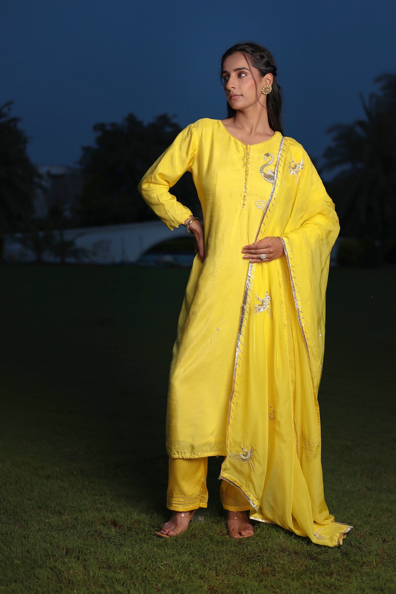 Festive Silk Suit Enhanced with Aari, Gota, Pearl & Sequins Embellishment