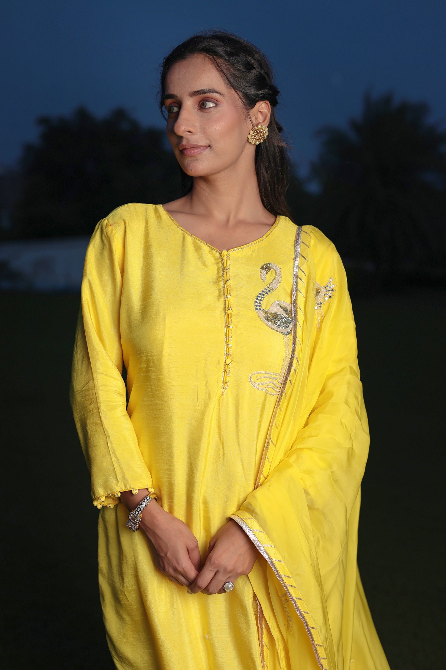 Festive Silk Suit Enhanced with Aari, Gota, Pearl & Sequins Embellishment