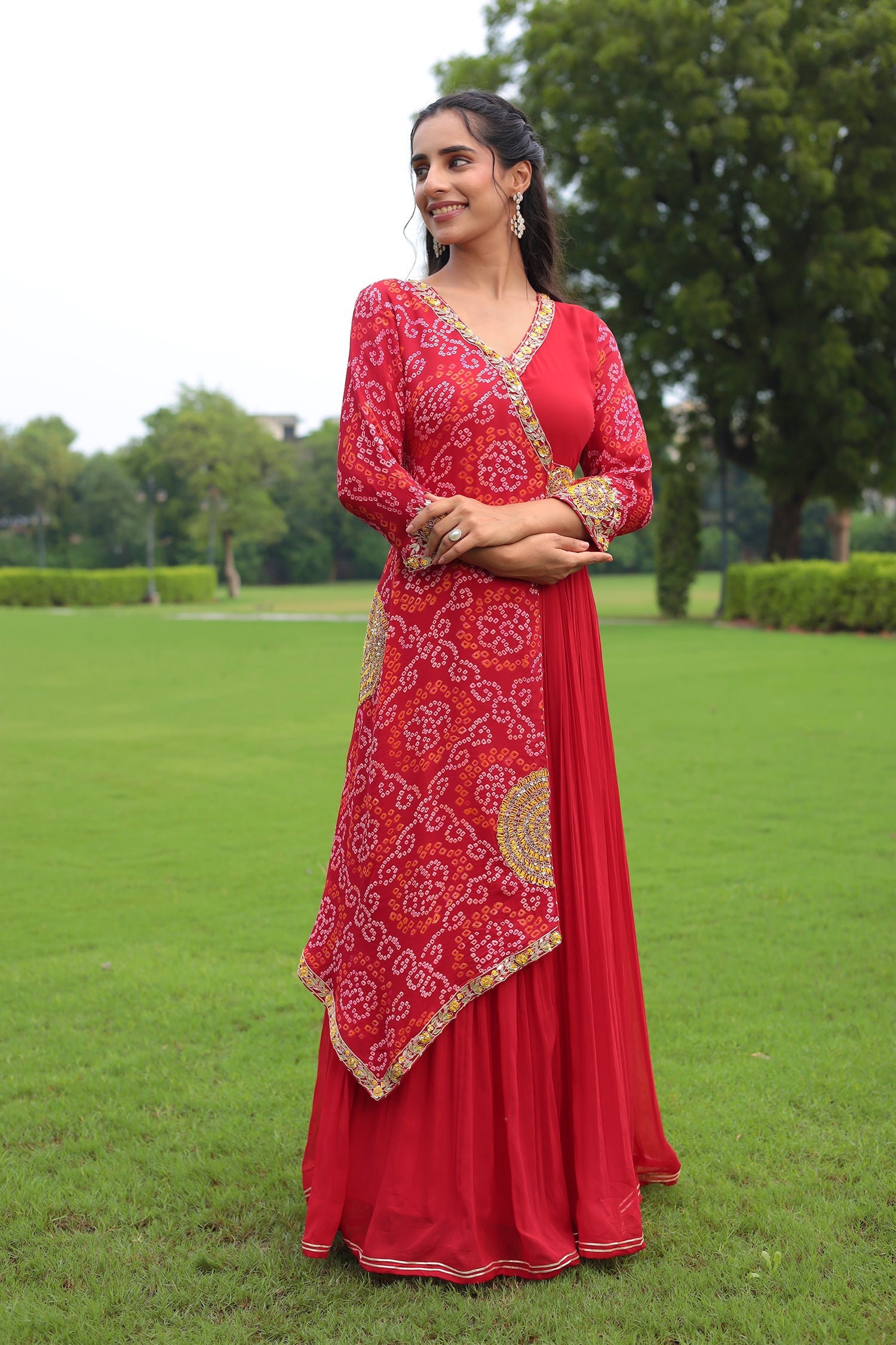Traditional Bandhej Georgette Anarkali Suit with Gota Patti, Zardozi & Thread Embroidery