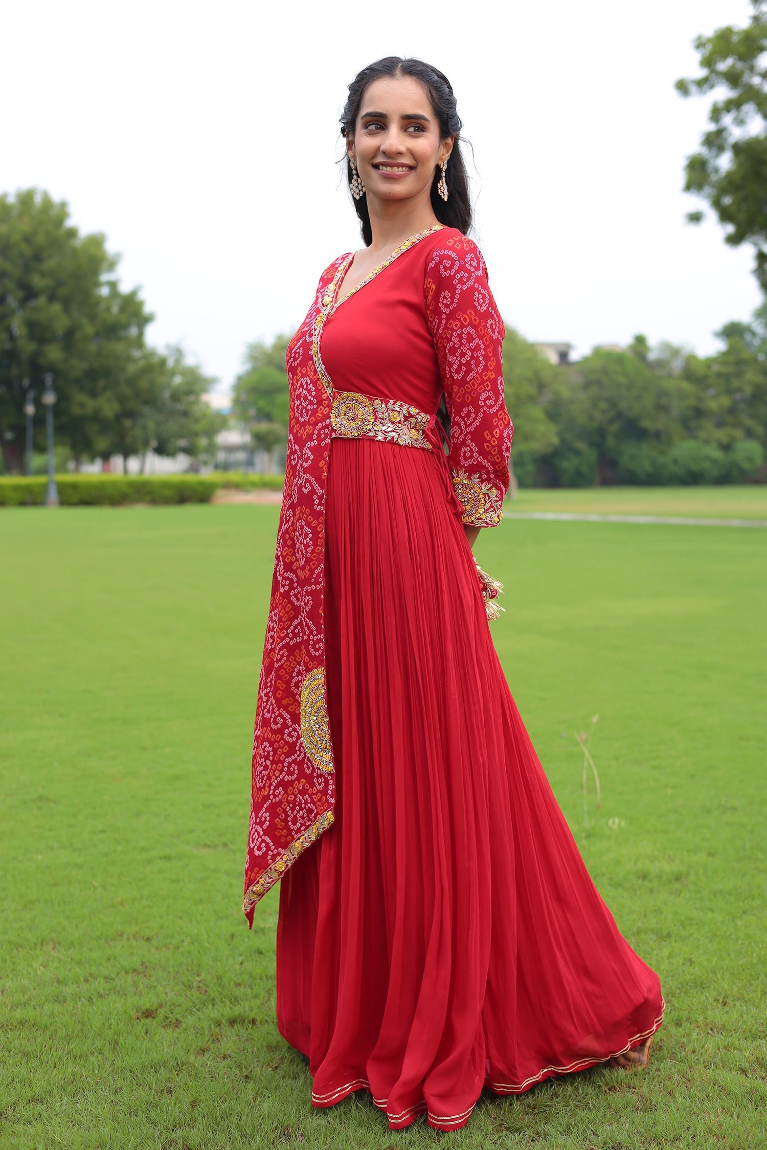 Traditional Bandhej Georgette Anarkali Suit with Gota Patti, Zardozi & Thread Embroidery